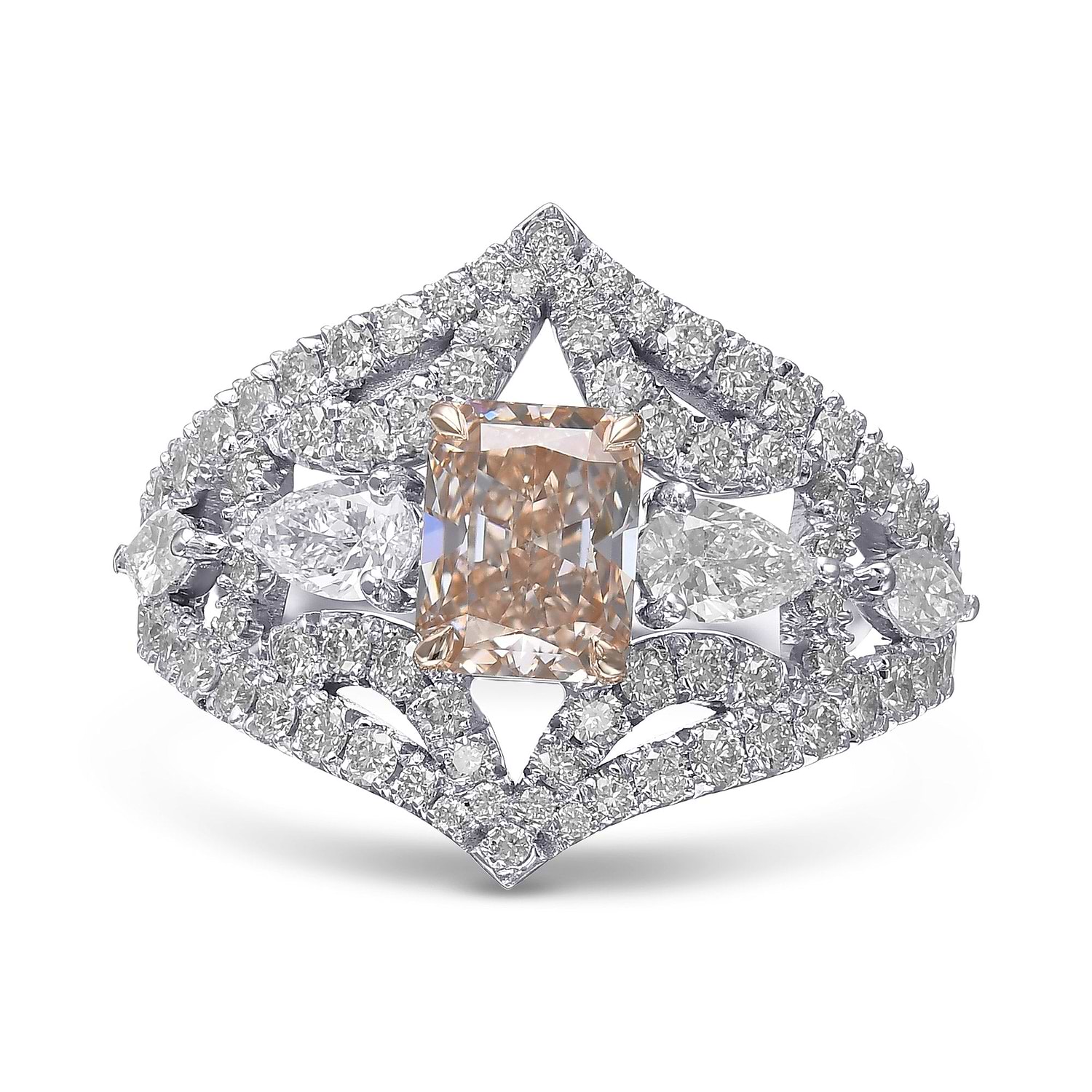 Extraordinary Fancy Light Pink Brown Radiant Diamond Side-stone Ring