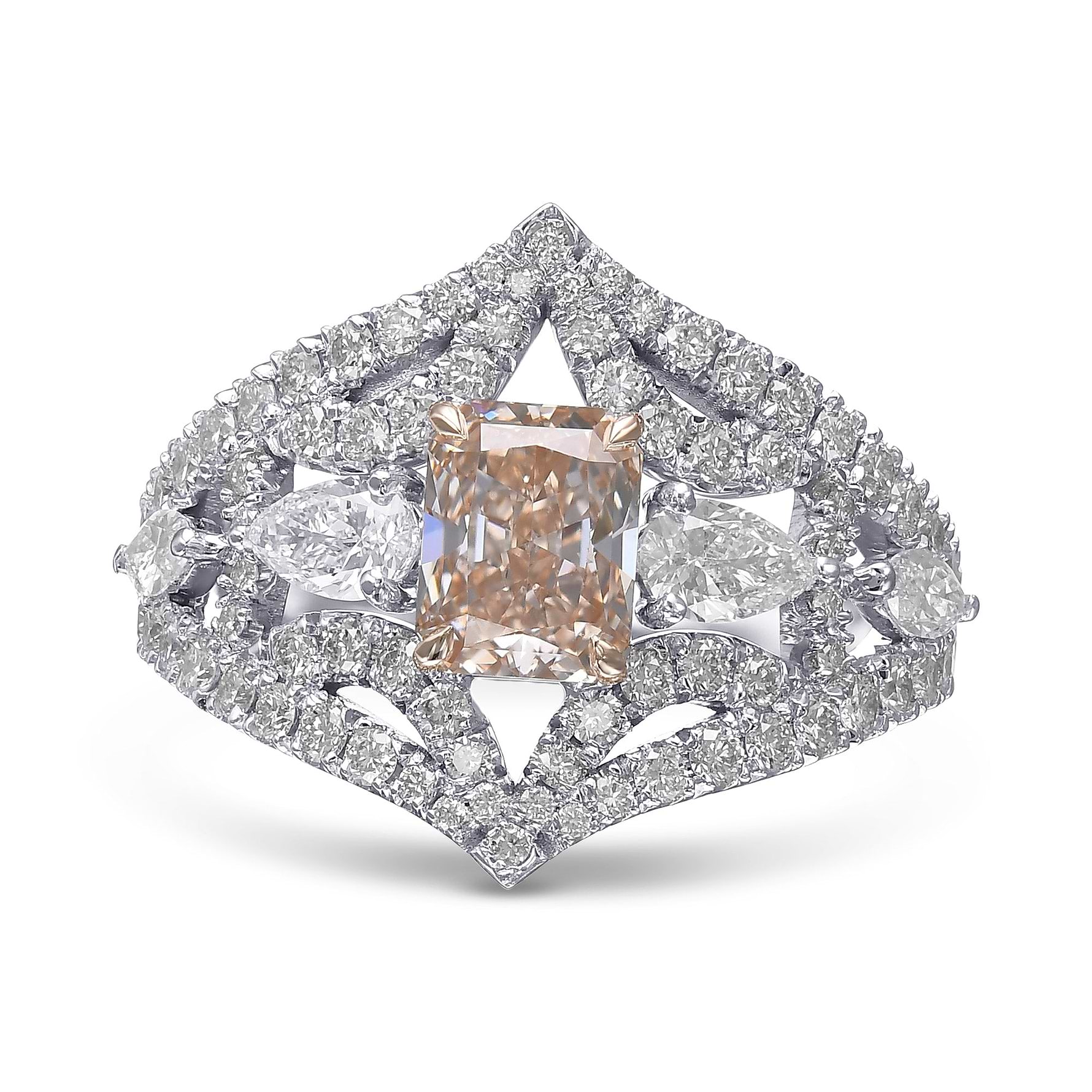 Extraordinary Fancy Light Pink Brown Radiant Diamond Side-stone Ring