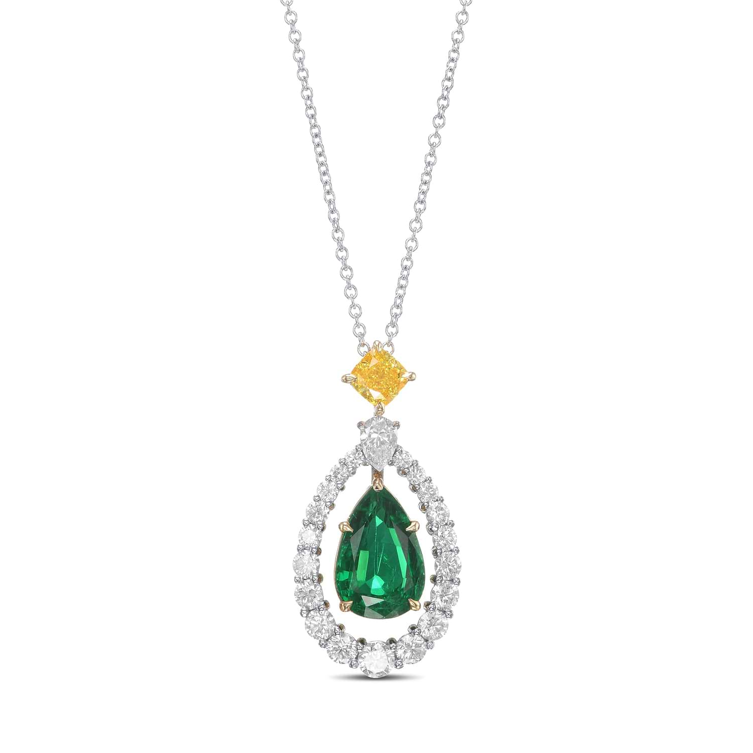 Green Emerald and Fancy Vivid Yellow Diamond Halo Pendant