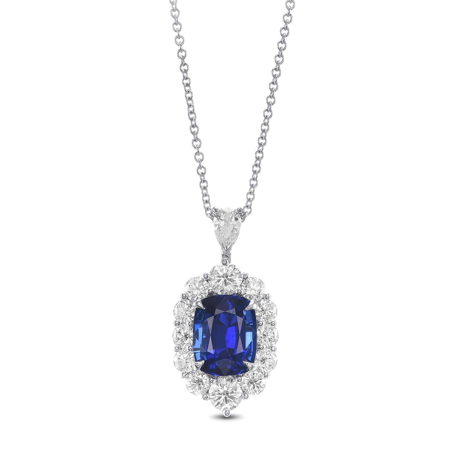 Royal Blue Sapphire Cushion Halo Diamond Pendant