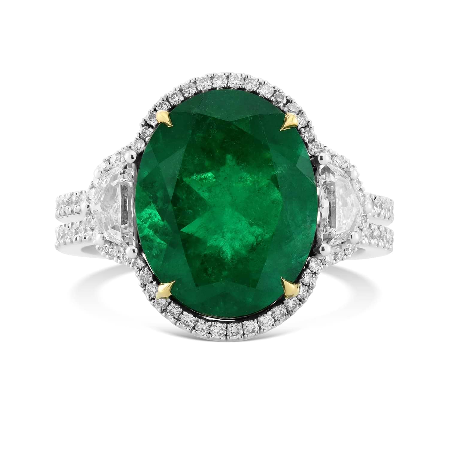 Muzo Emerald & Cadillac Diamond Three-Stone Halo Ring