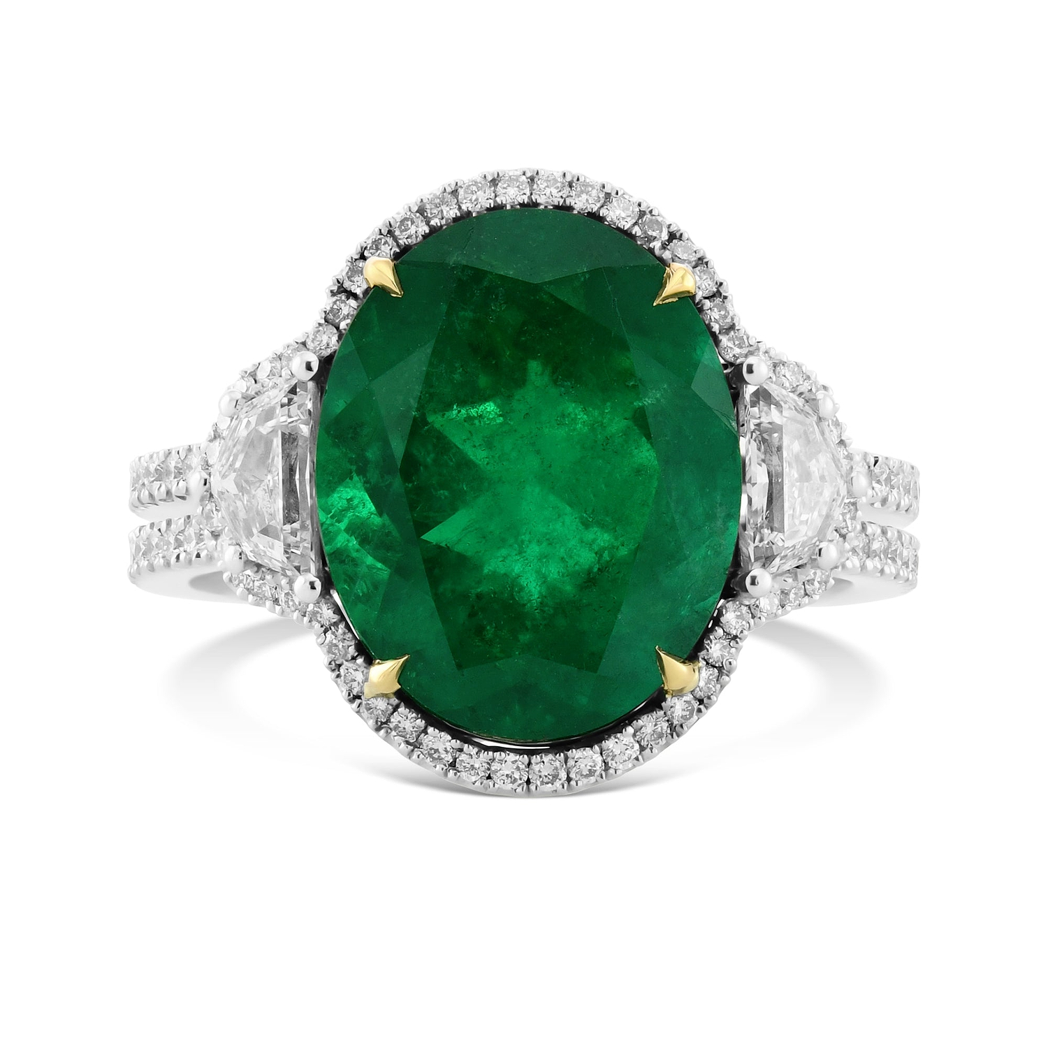 Muzo Emerald & Cadillac Diamond Three-Stone Halo Ring