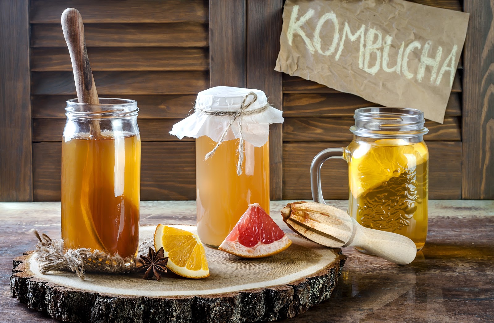 Trio of kombucha in jars