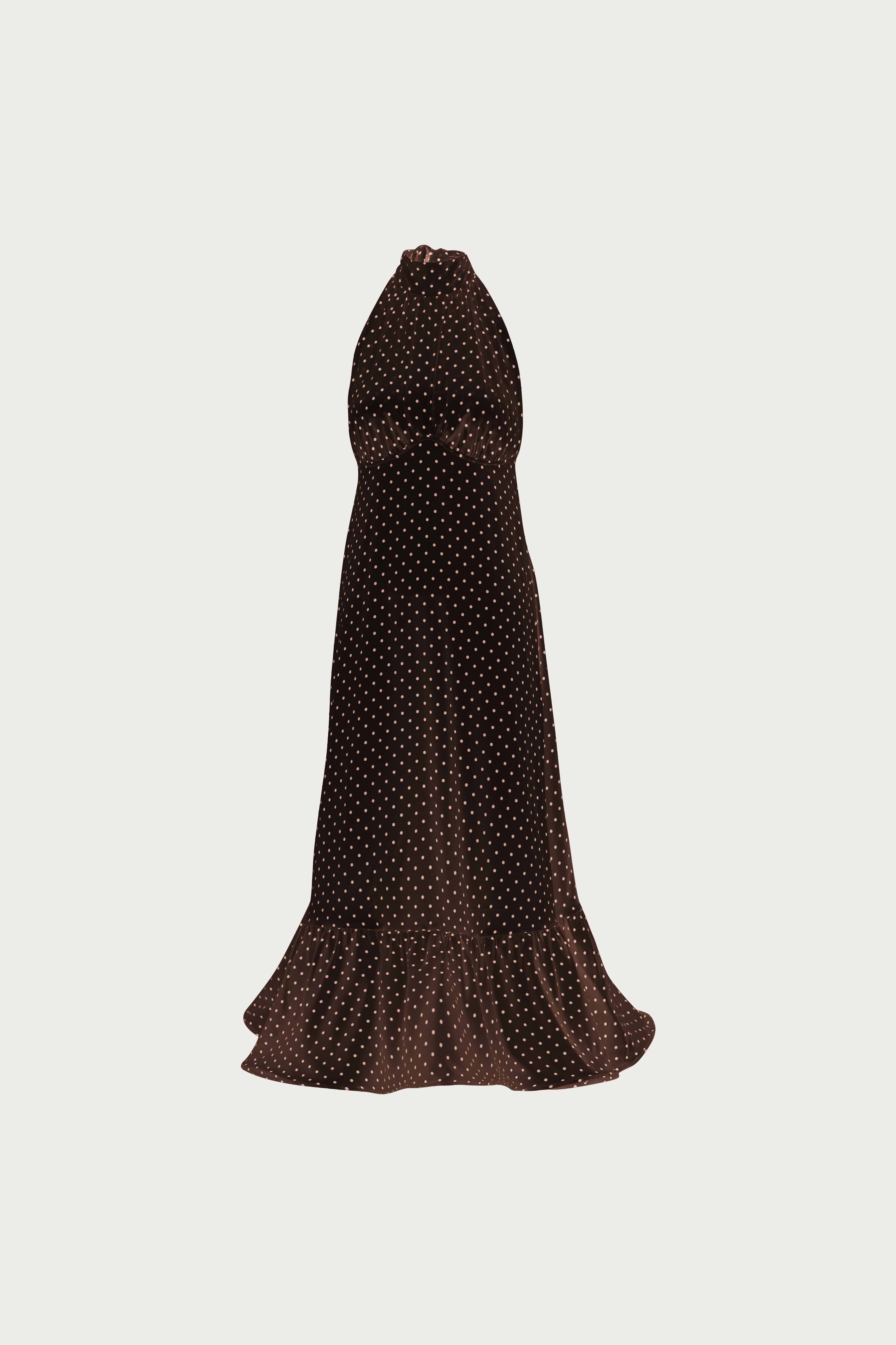 SAME Halter Flounce Midi Dress | Brown Polka Dot
