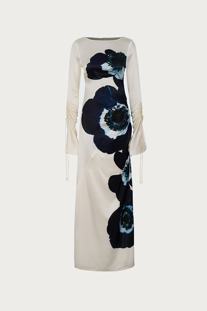 navy and cream floral dress Pagoda Floral Satin Maxi Dress Cream/Navy | Wedding Guest Dress | Maxi