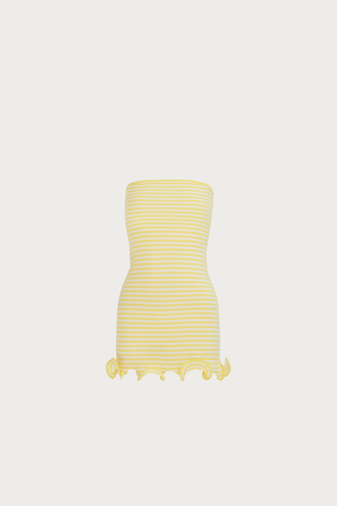 Ruffle Hem Strapless Mini Dress (Butter Yellow Stripe)