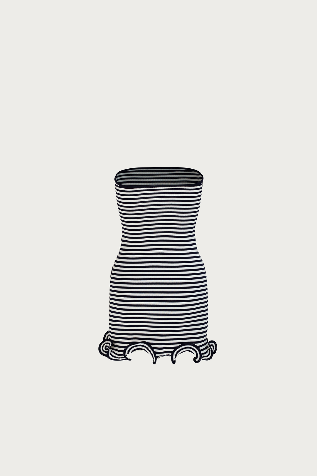 Ruffle Hem Strapless Mini Dress (Navy Stripe)