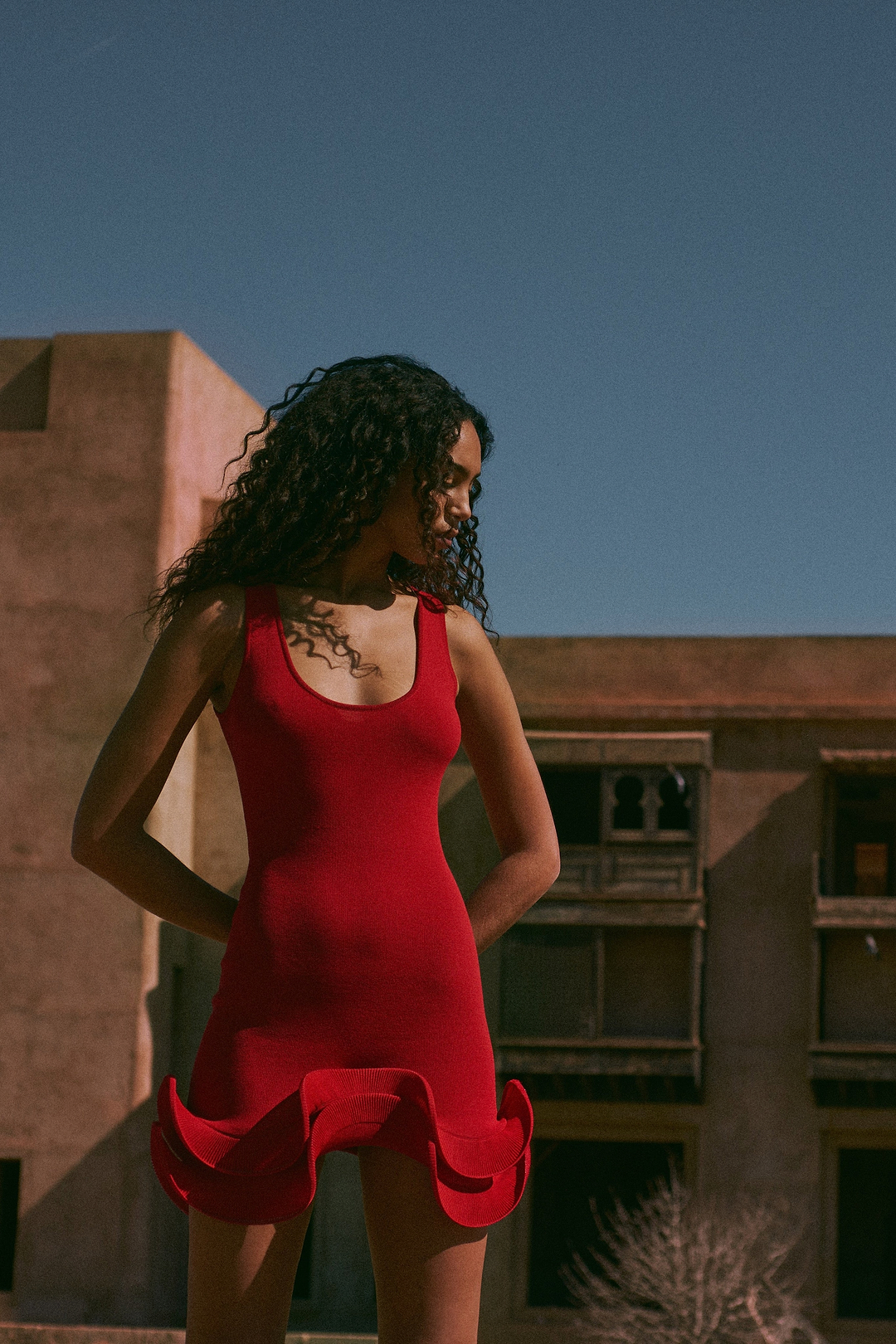 Double Ruffle Hem Mini Dress (Red)