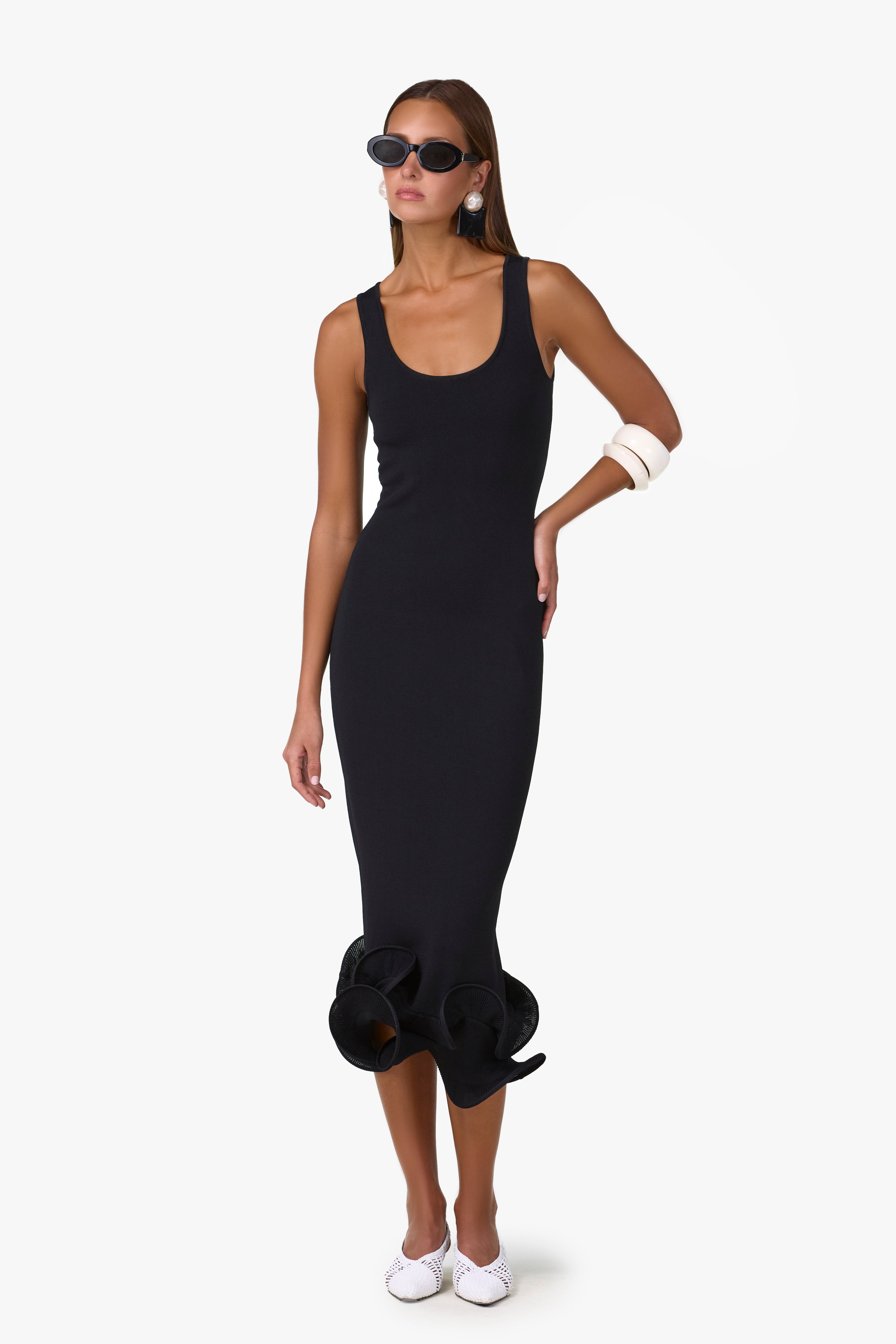 Double Ruffle Hem Midi Dress (Black)