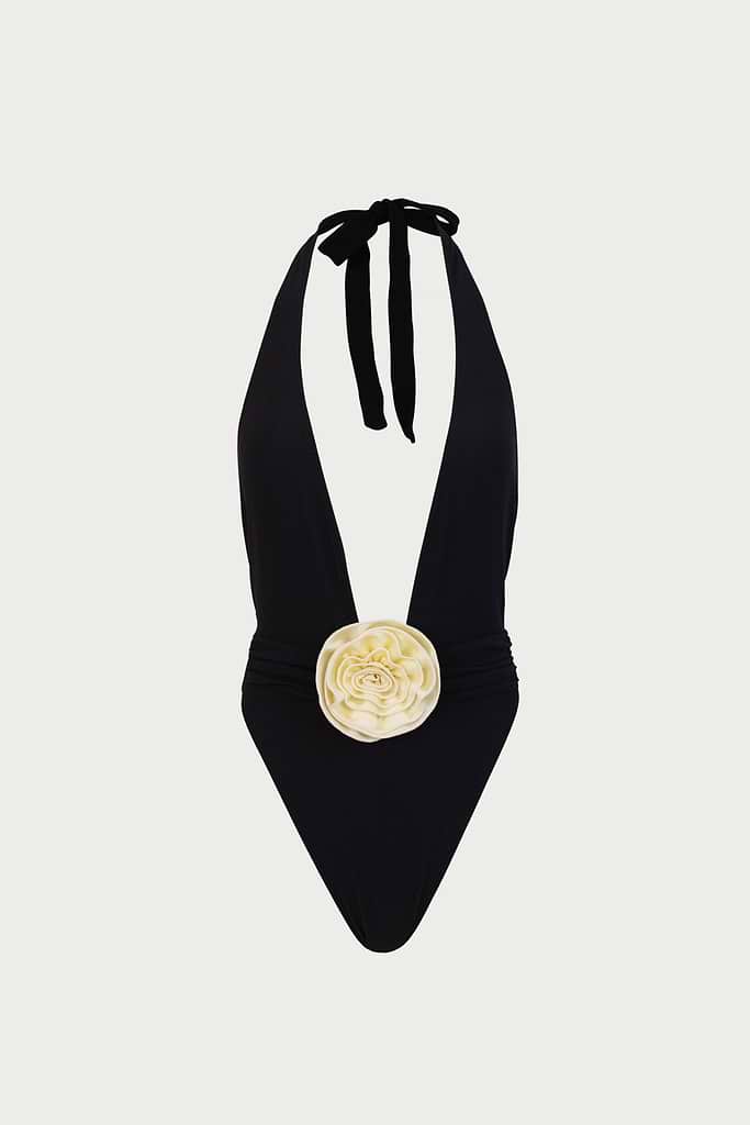 Rosette V One Piece (Faux Suede Black/Cream)