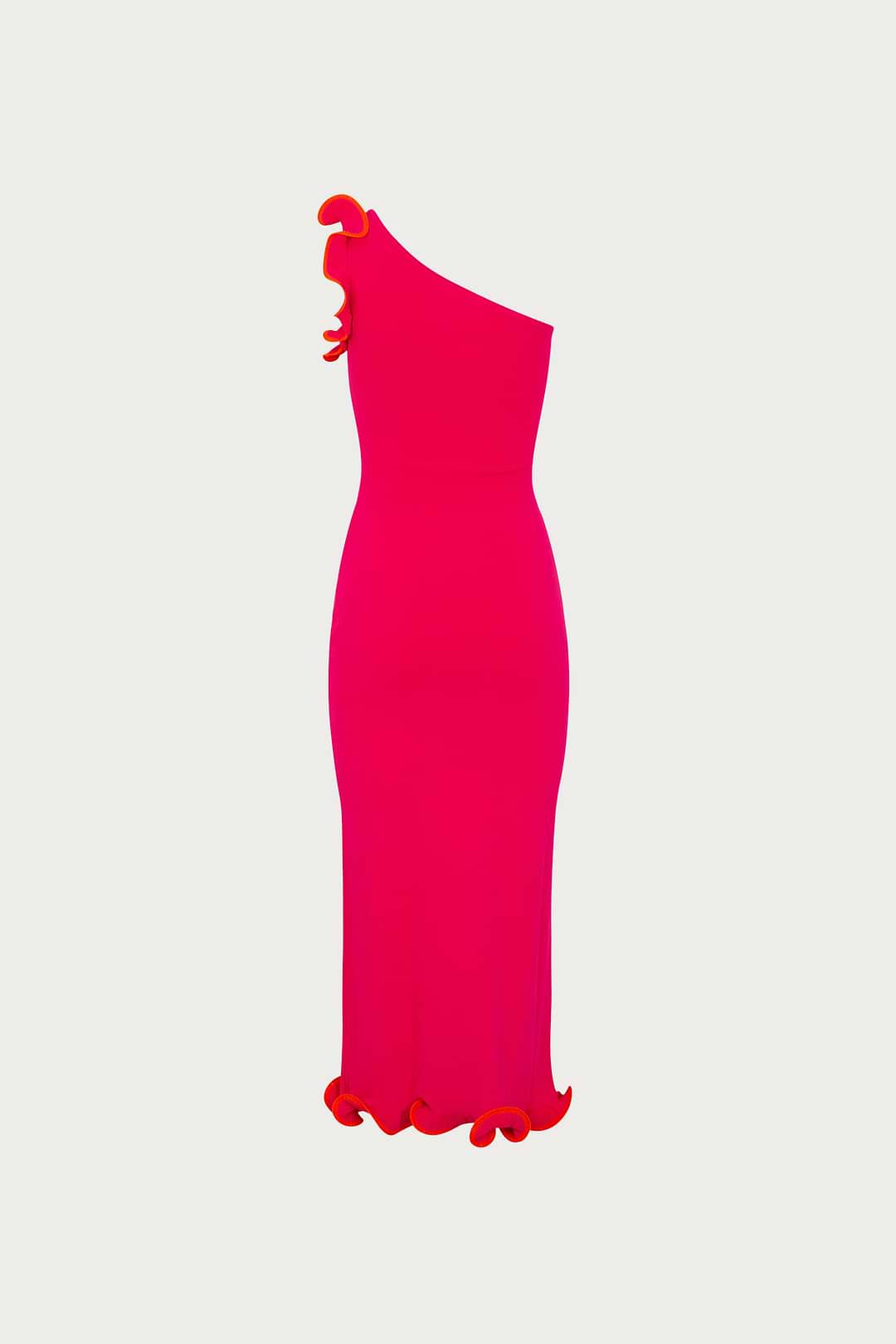 hot pink one shoulder midi dress Pink Midi Dress - Asymmetrical Dress - One-Shoulder Dress