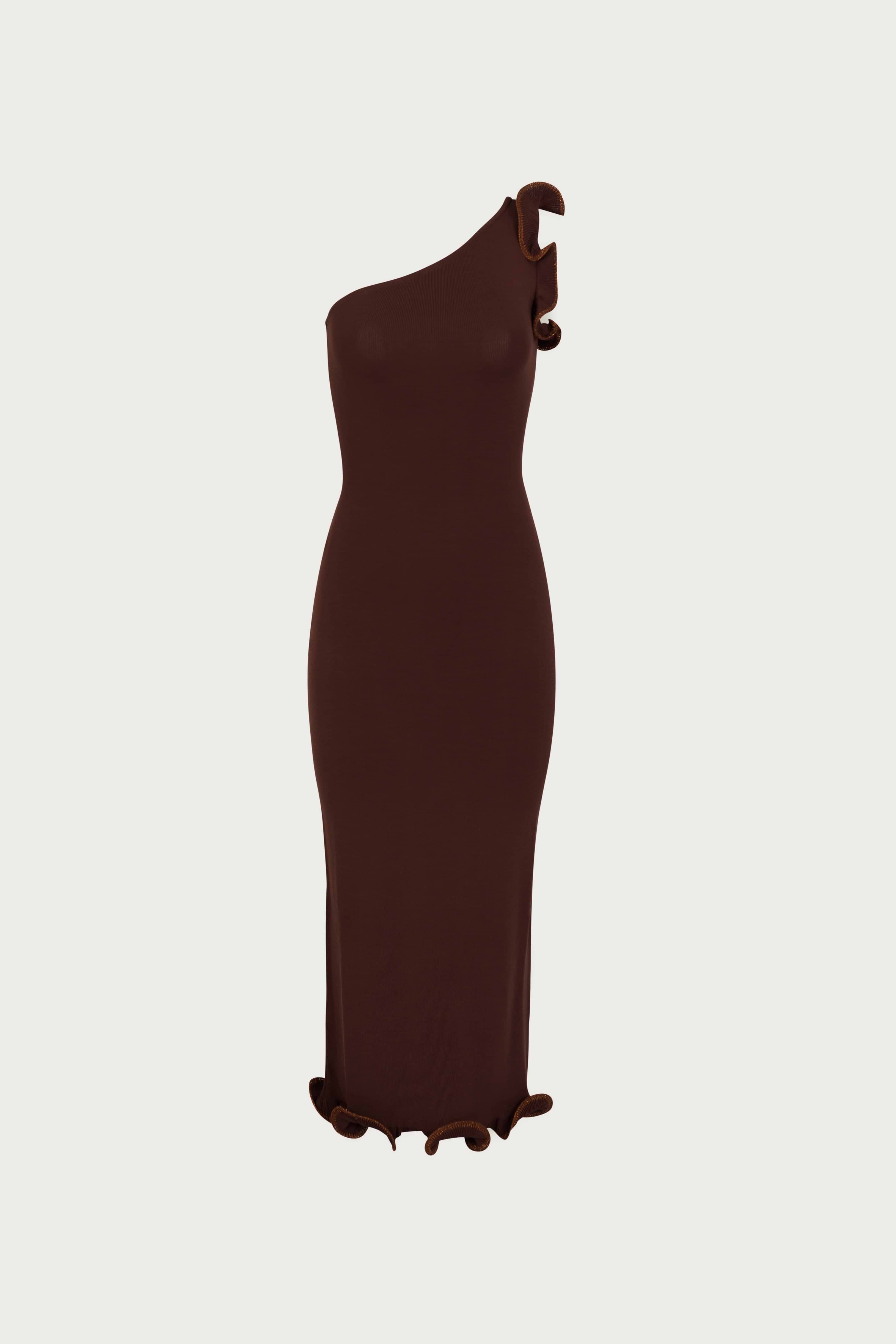 SAME Ruffle Hem One Shoulder Dress | Chocolate Brown/Brown Lurex ...