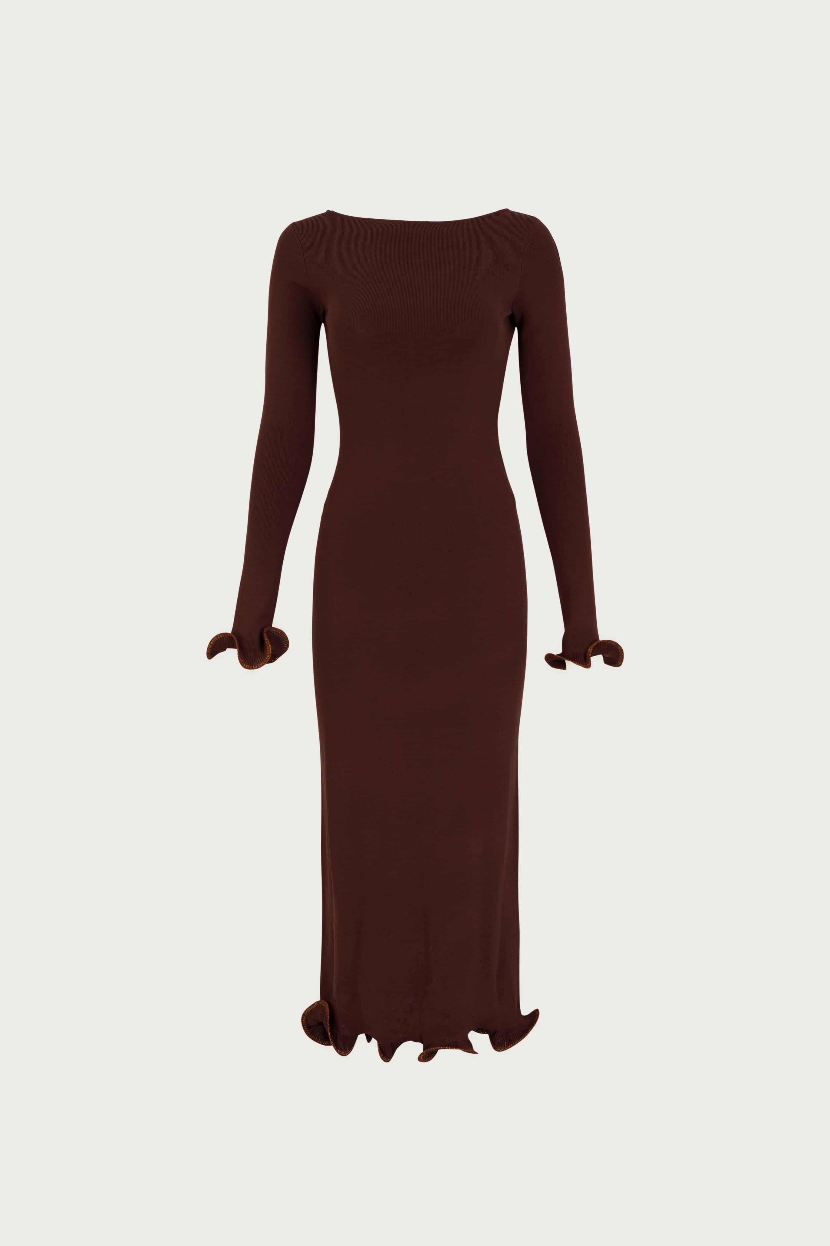 SAME Ruffle Hem Midi Dress | Chocolate Brown/Brown Lurex