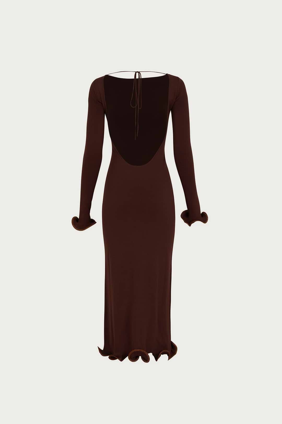 SAME Ruffle Hem Midi Dress | Chocolate Brown/Brown Lurex | Women's Knit Dress L / Chocolate Brown/Brown Lurex SAME Ruffle Hem Midi Dress | Chocolate Brown/Brown Lurex | Women's Knit Dress L / Chocolate Brown/Brown Lurex