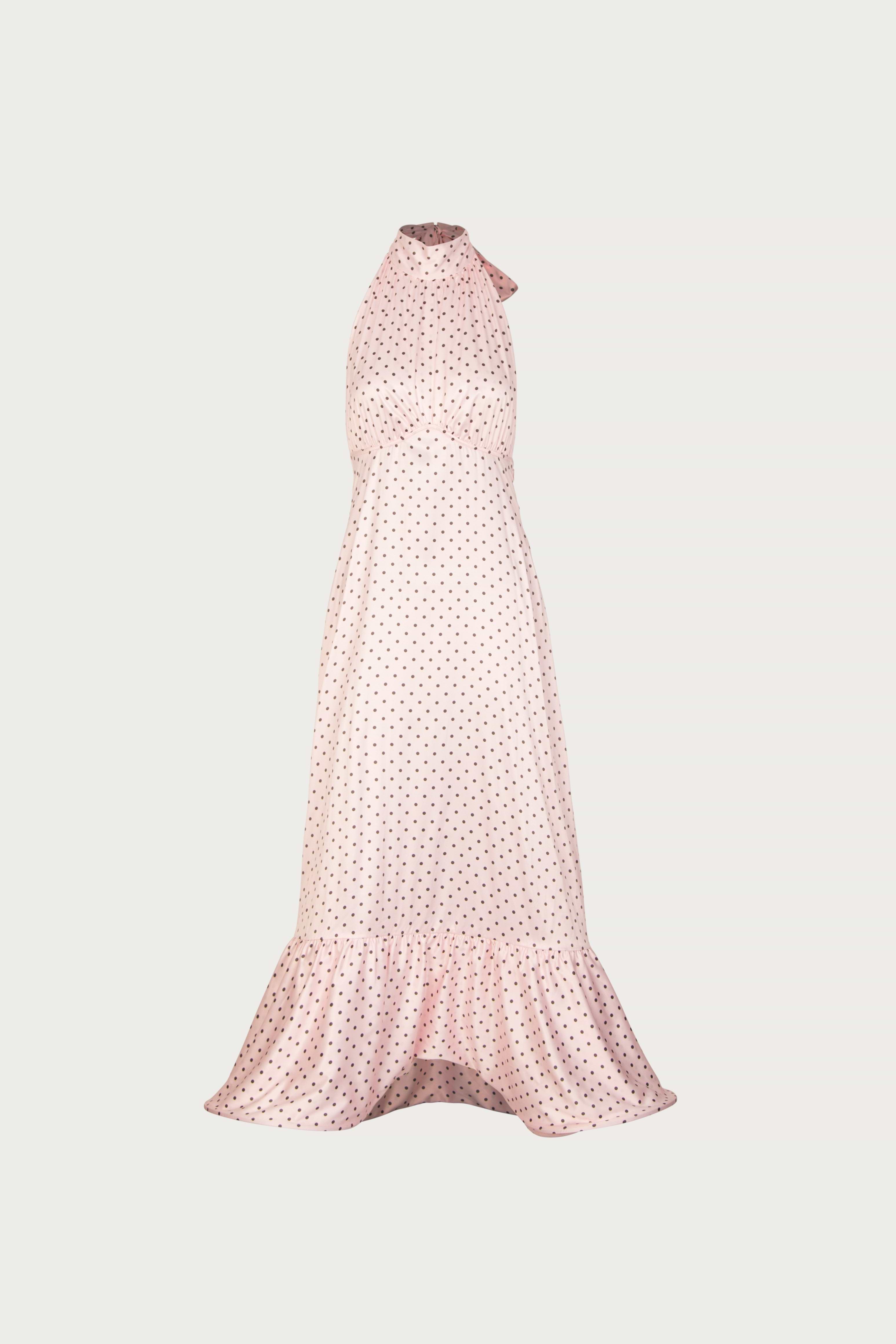 Halter Flounce Midi Dress (Pink Polka Dot)