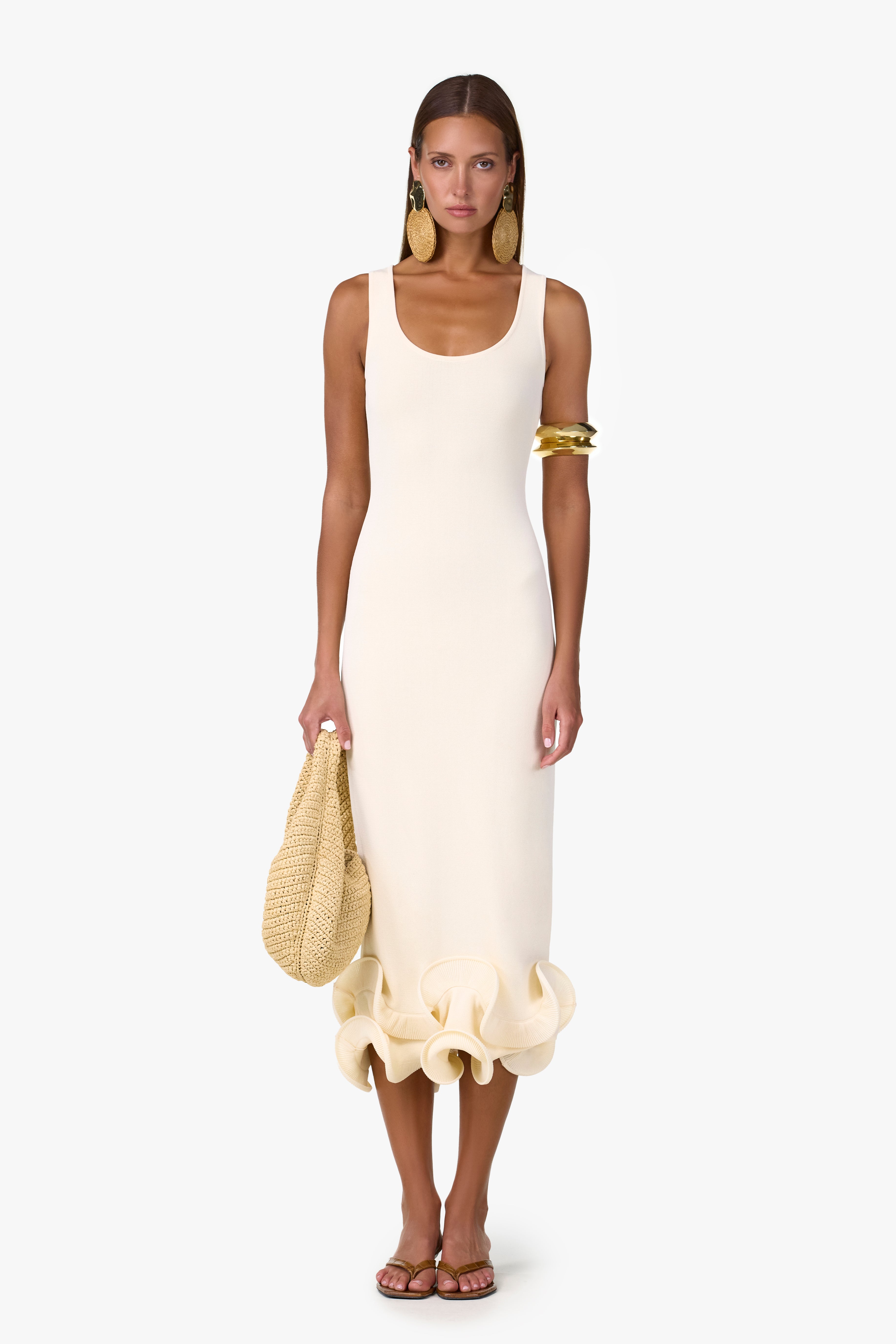 Double Ruffle Hem Midi Dress (Cream)