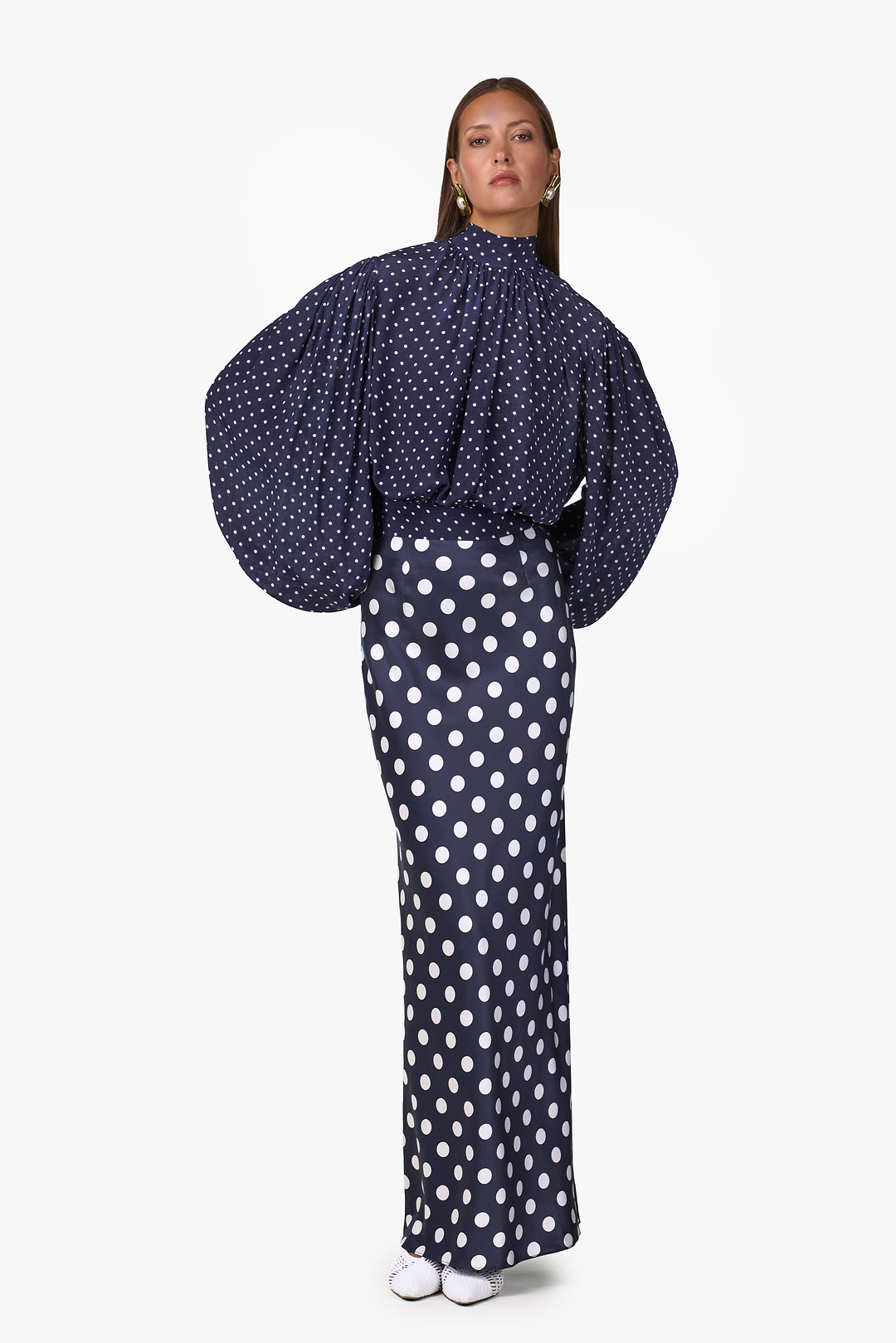 Draped Sleeve Chiffon Top (Navy Cream Polka Dot)