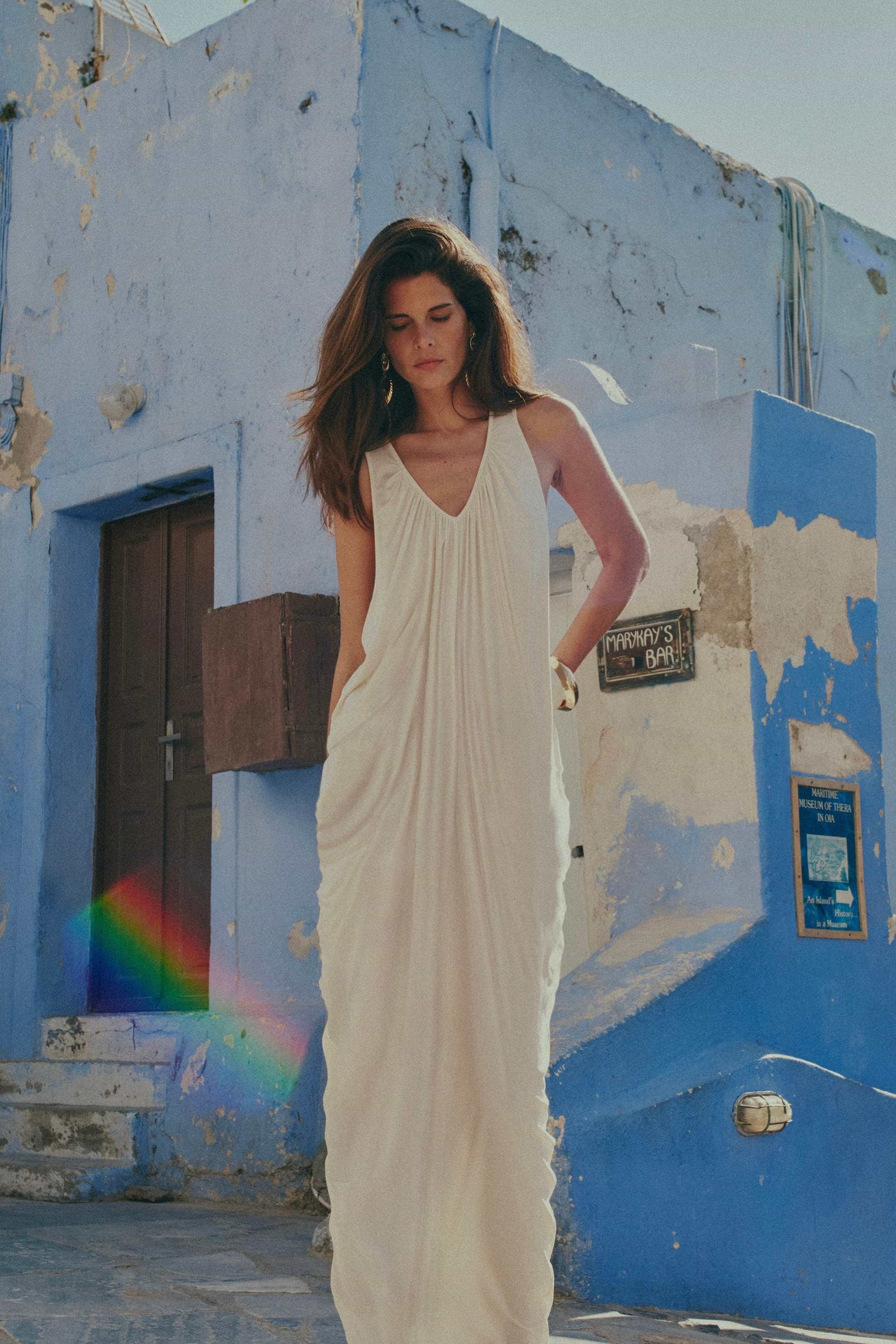 Draped V Neck Gown (Cream)