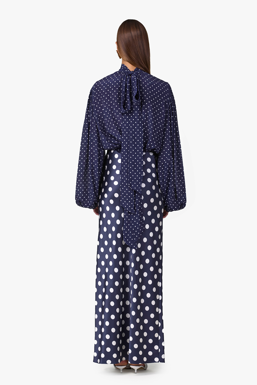 Draped Sleeve Chiffon Top (Navy Cream Polka Dot)