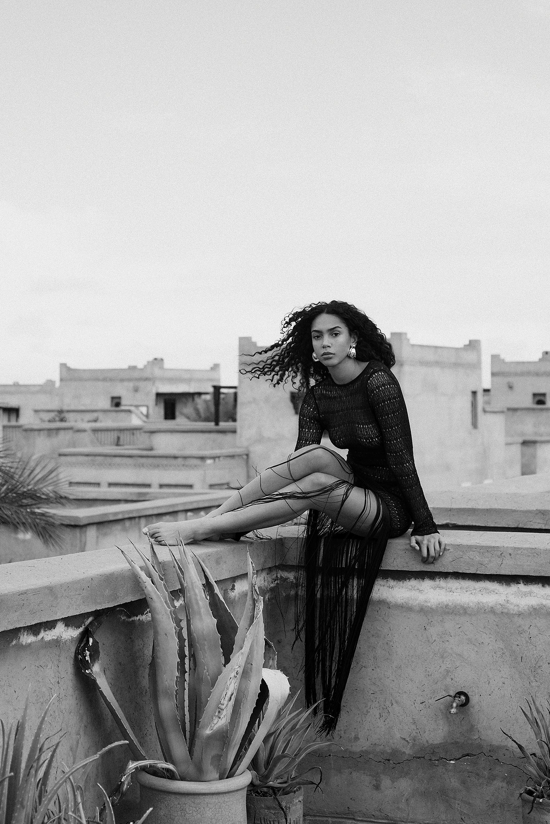 Long Sleeve Fringe Knit Maxi Dress (Black)