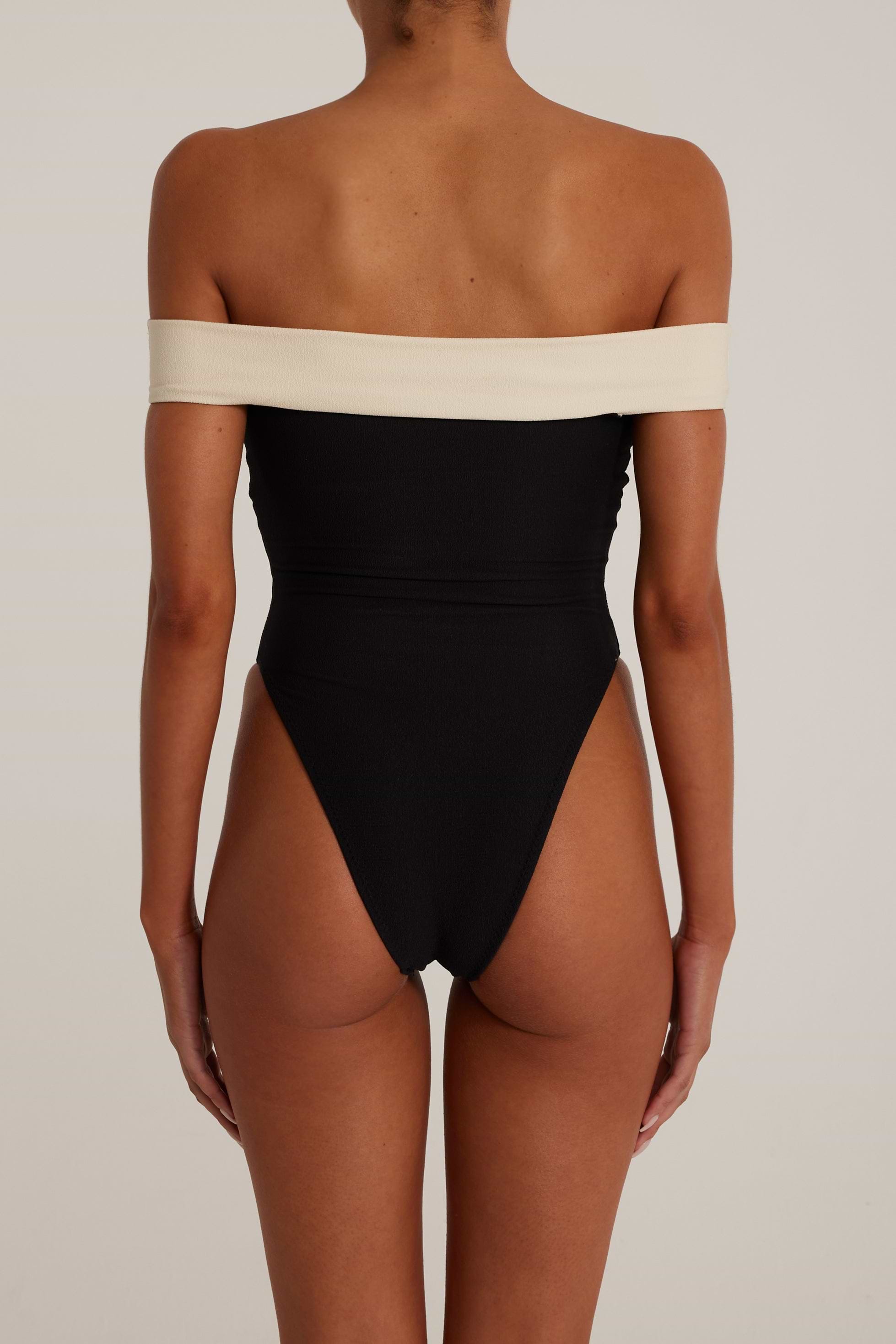 SAME Off Shoulder One Piece | Faux Suede Black/Cream