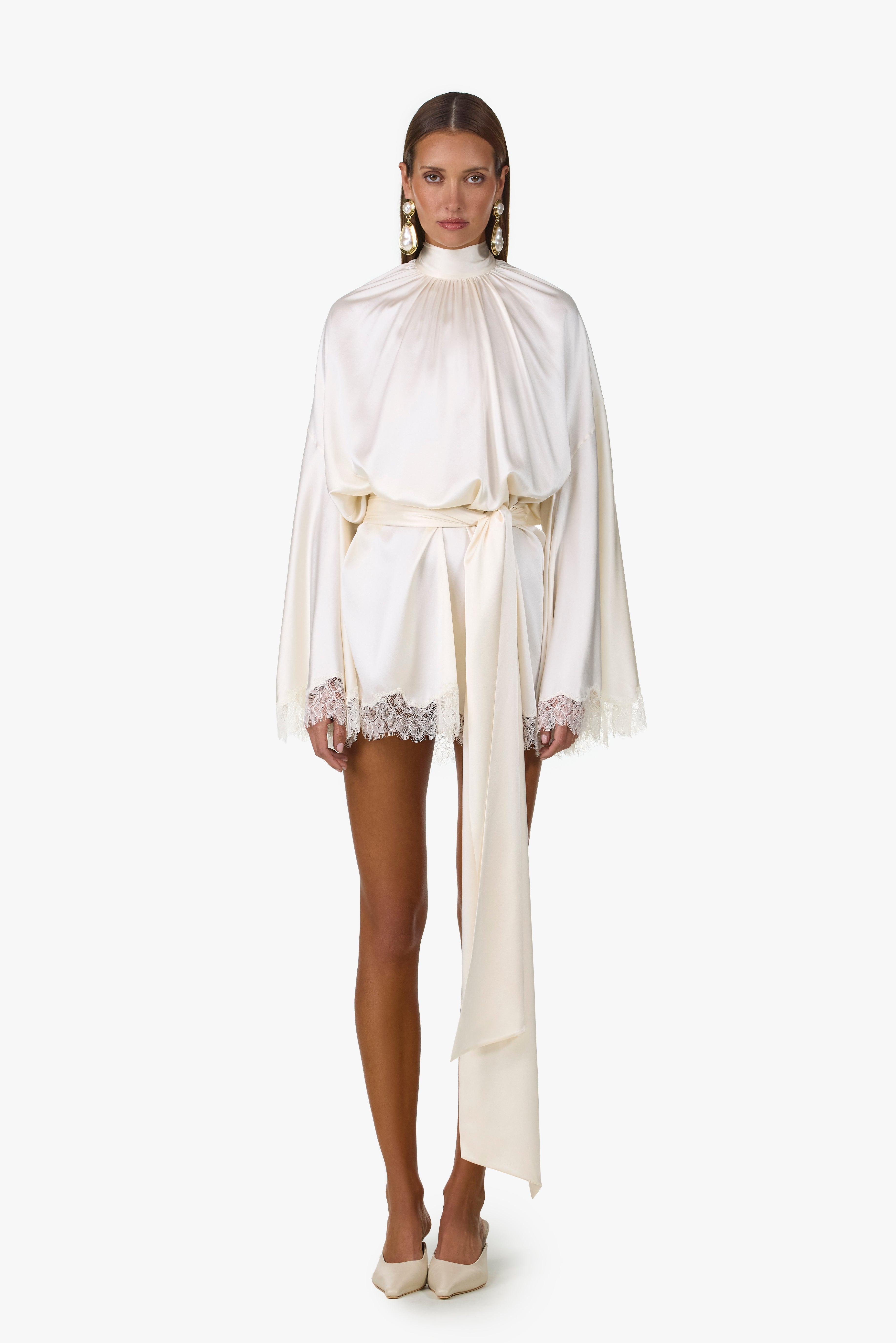 Lace Silk Mini Dress (Cream)