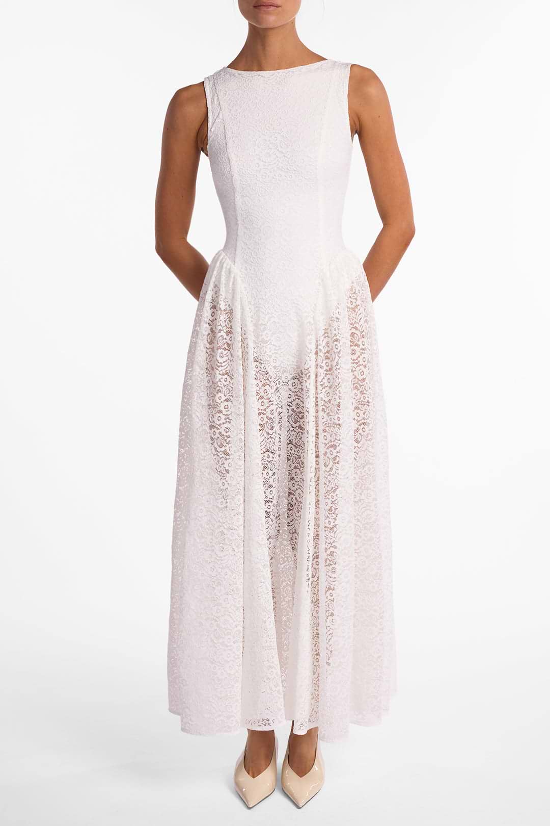French Lace Midi Dress (White)