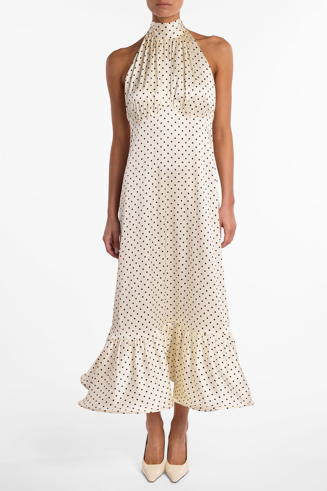 Halter Flounce Midi Dress (Cream Polka Dot)