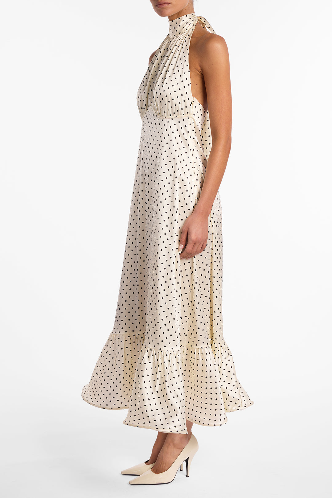 Halter Flounce Midi Dress (Cream Polka Dot)
