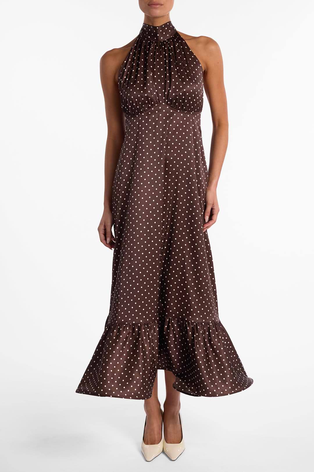 SAME Halter Flounce Midi Dress | Brown Polka Dot | Women's Dress XS / Brown Cream Polka Dot SAME Halter Flounce Midi Dress | Brown Polka Dot | Women's Dress XS / Brown Cream Polka Dot