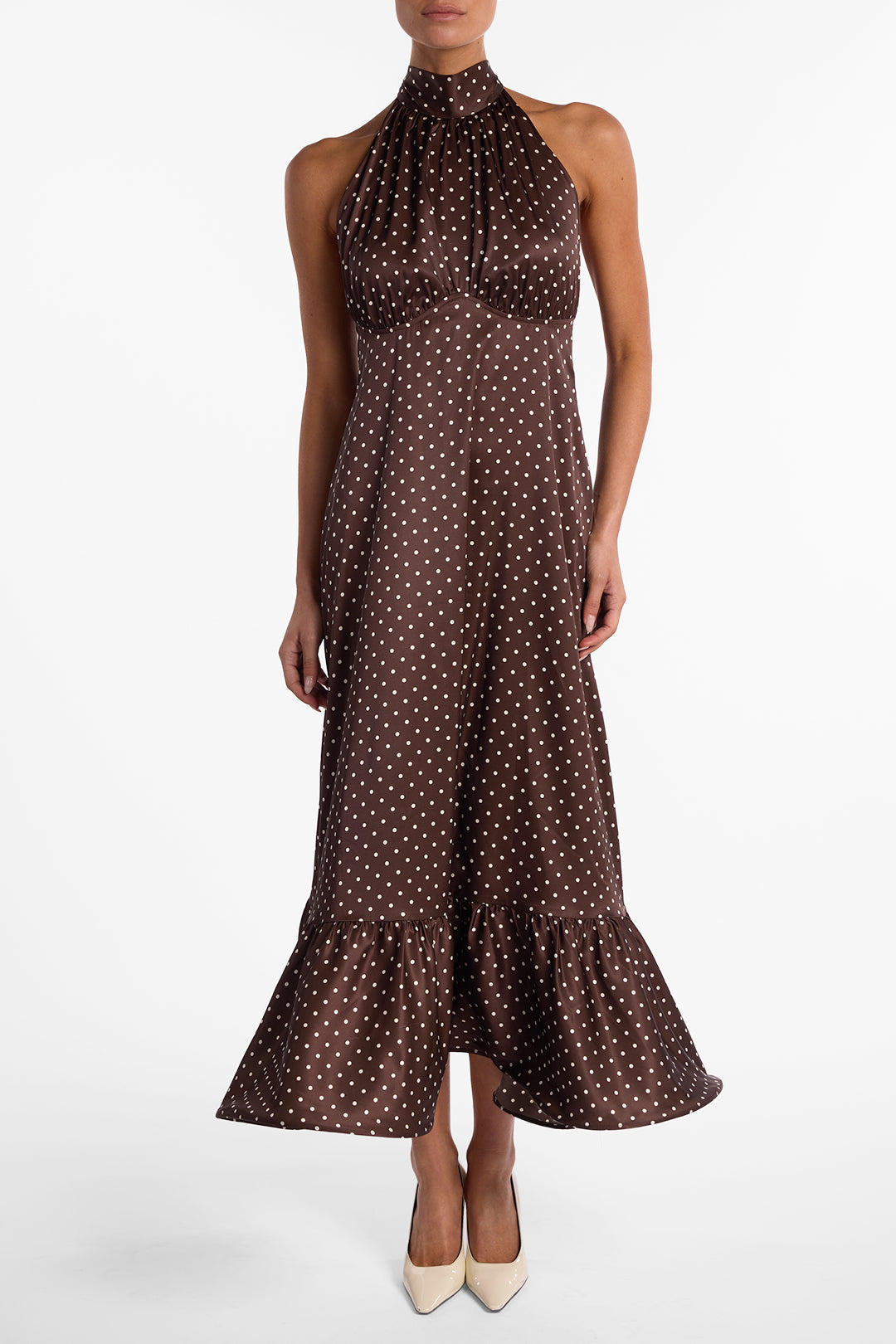 Halter Flounce Midi Dress (Brown Polka Dot)