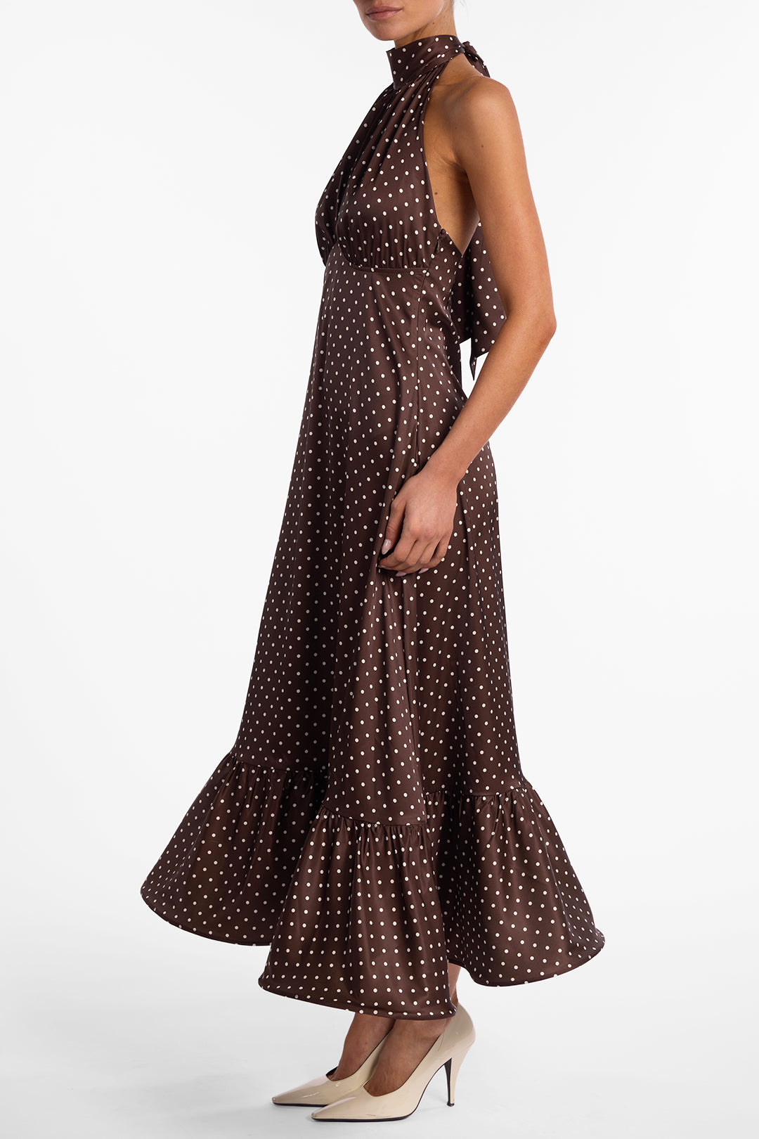 SAME Halter Flounce Midi Dress | Brown Polka Dot | Women's Dress XS / Brown Cream Polka Dot SAME Halter Flounce Midi Dress | Brown Polka Dot | Women's Dress XS / Brown Cream Polka Dot