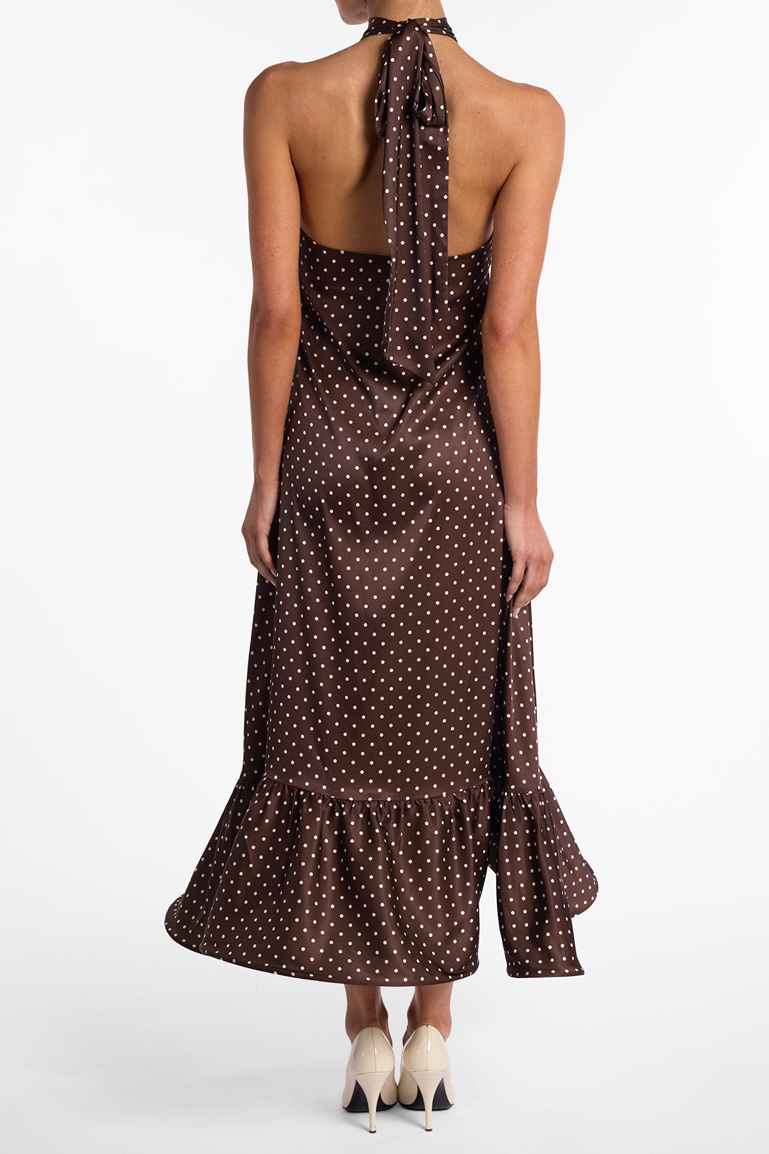 Halter Flounce Midi Dress (Brown Polka Dot)