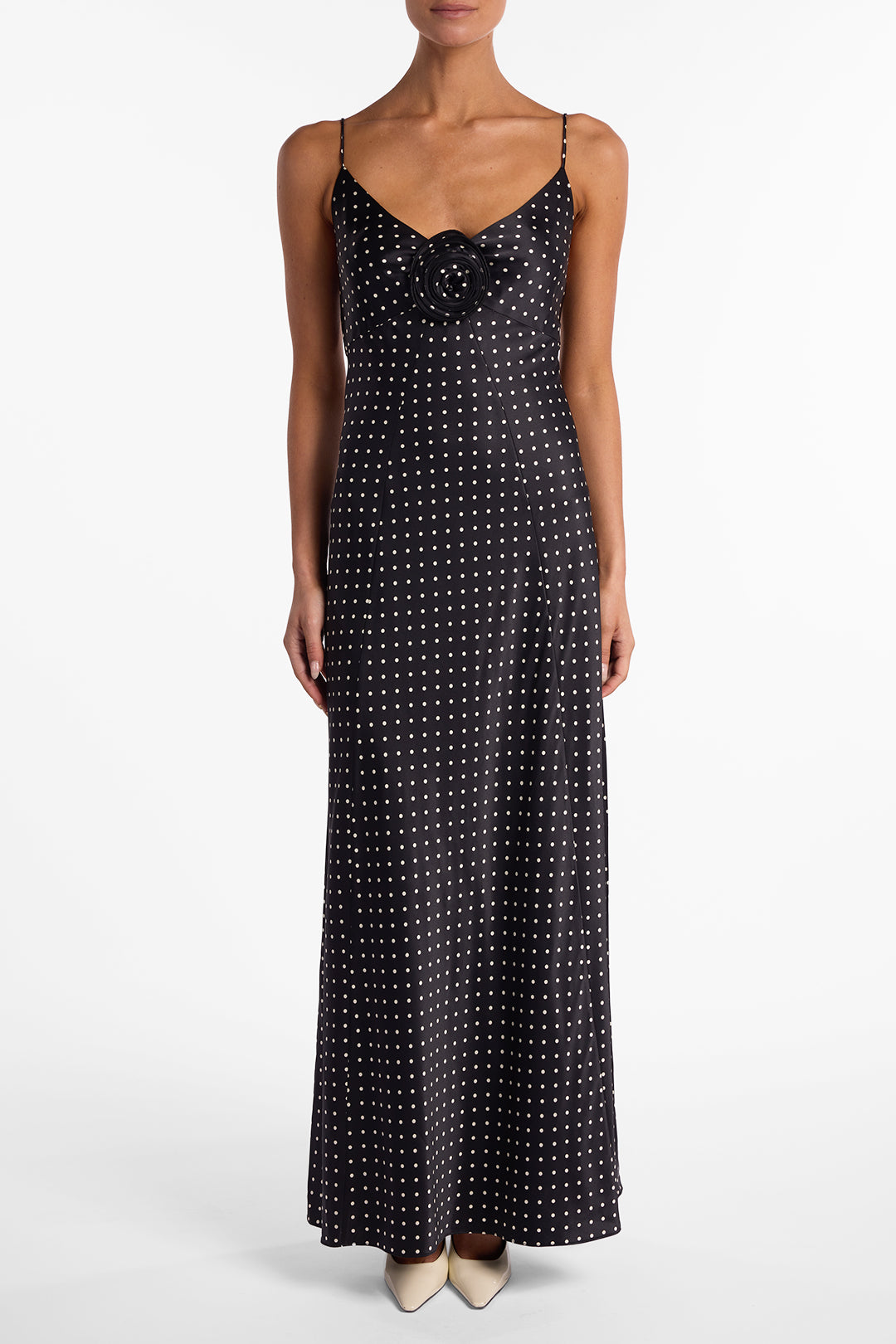 Deep V Rosette Gown (Black Polka Dot)