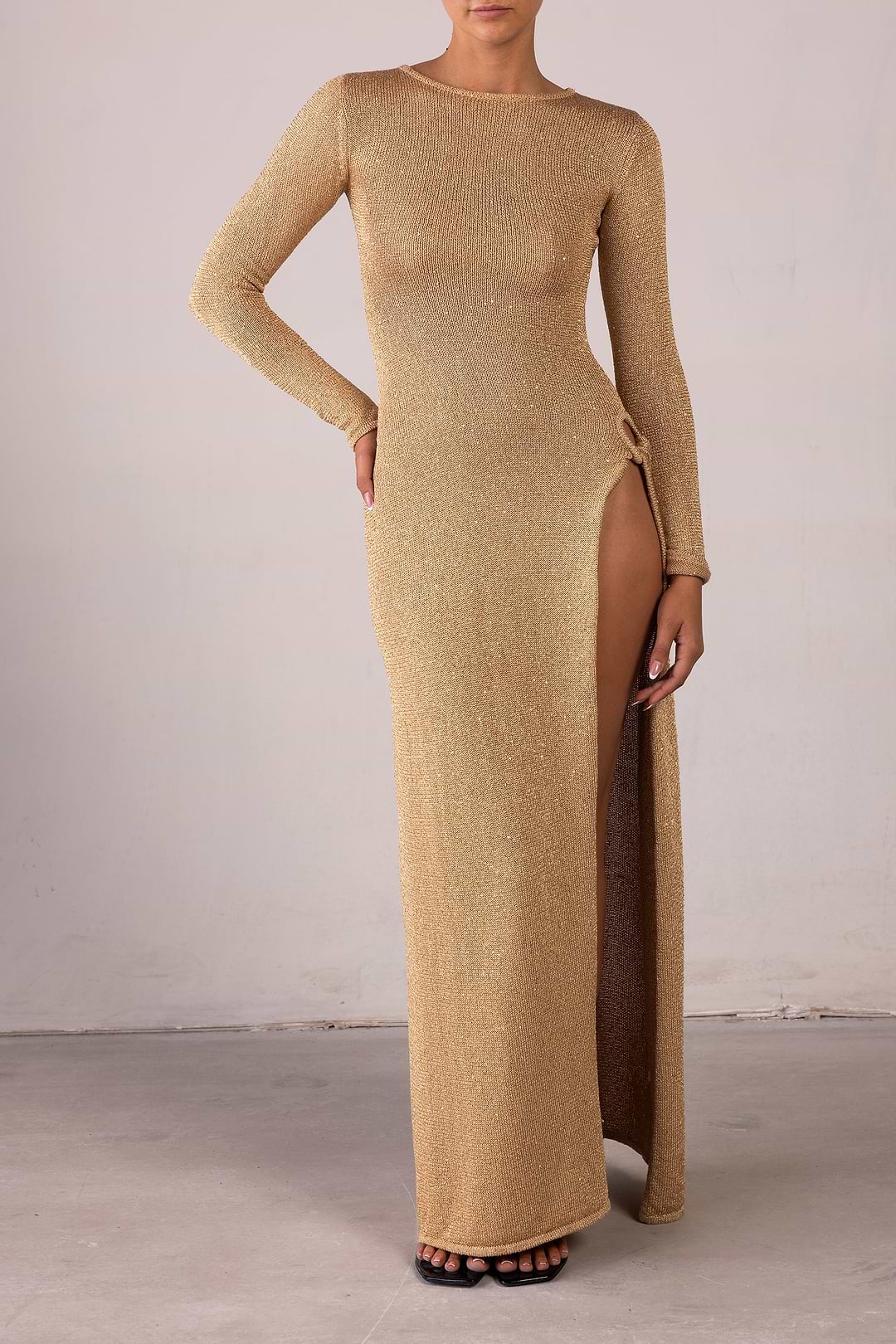 Same Long Sleeve Twist Dress | Gold Sequin | Women's Knit Dress M / Gold Sequin Same Long Sleeve Twist Dress | Gold Sequin | Women's Knit Dress M / Gold Sequin