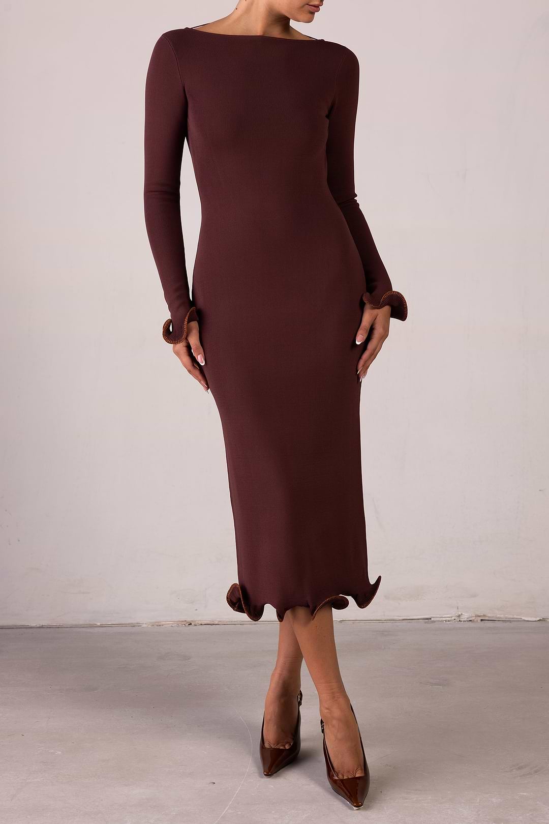 SAME Ruffle Hem Midi Dress | Chocolate Brown/Brown Lurex | Women's Knit Dress L / Chocolate Brown/Brown Lurex SAME Ruffle Hem Midi Dress | Chocolate Brown/Brown Lurex | Women's Knit Dress L / Chocolate Brown/Brown Lurex