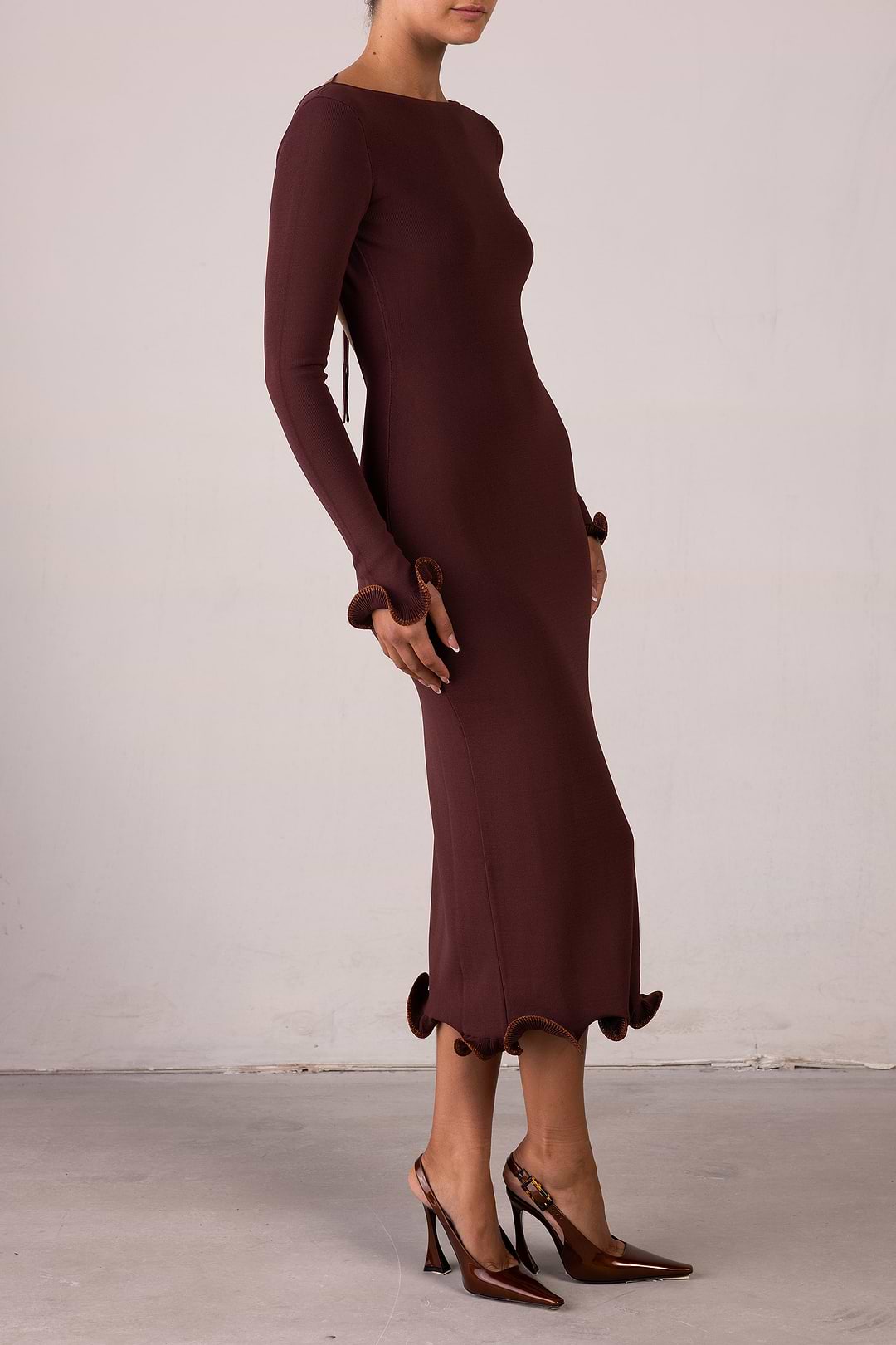 Same Ruffle Hem Midi Dress | Chocolate Brown/Brown Lurex | Women's Knit Dress L / Chocolate Brown/Brown Lurex Same Ruffle Hem Midi Dress | Chocolate Brown/Brown Lurex | Women's Knit Dress L / Chocolate Brown/Brown Lurex