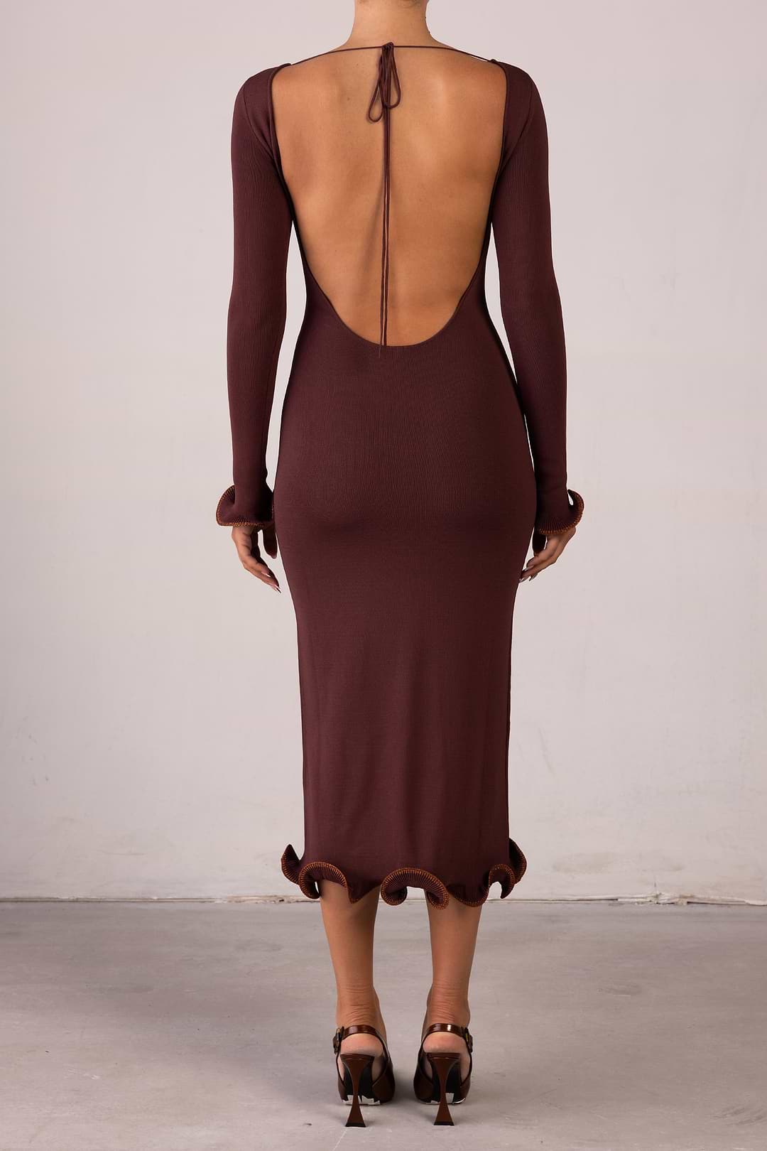 Same Ruffle Hem Midi Dress | Chocolate Brown/Brown Lurex | Women's Knit Dress L / Chocolate Brown/Brown Lurex Same Ruffle Hem Midi Dress | Chocolate Brown/Brown Lurex | Women's Knit Dress L / Chocolate Brown/Brown Lurex