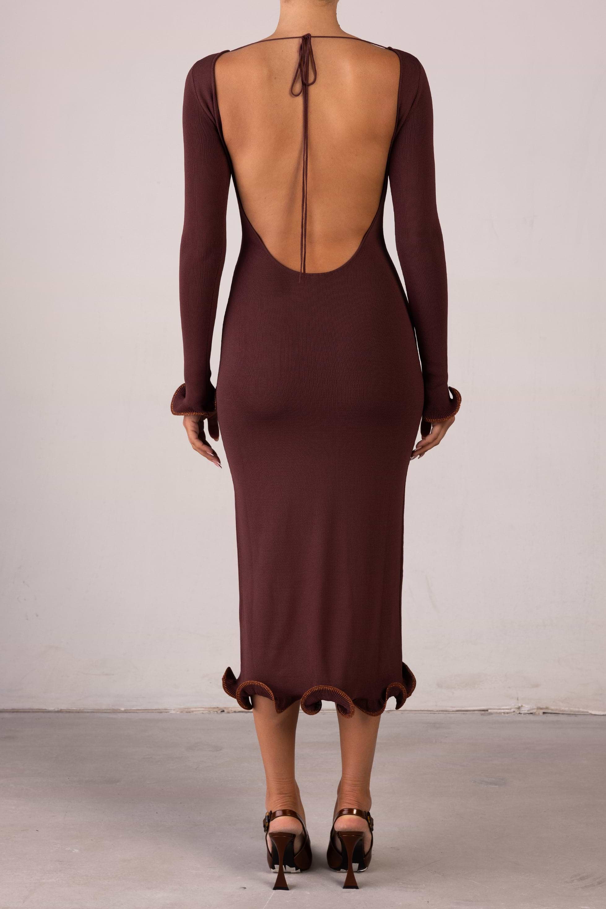 SAME Ruffle Hem Midi Dress | Chocolate Brown/Brown Lurex | Women's Knit ...