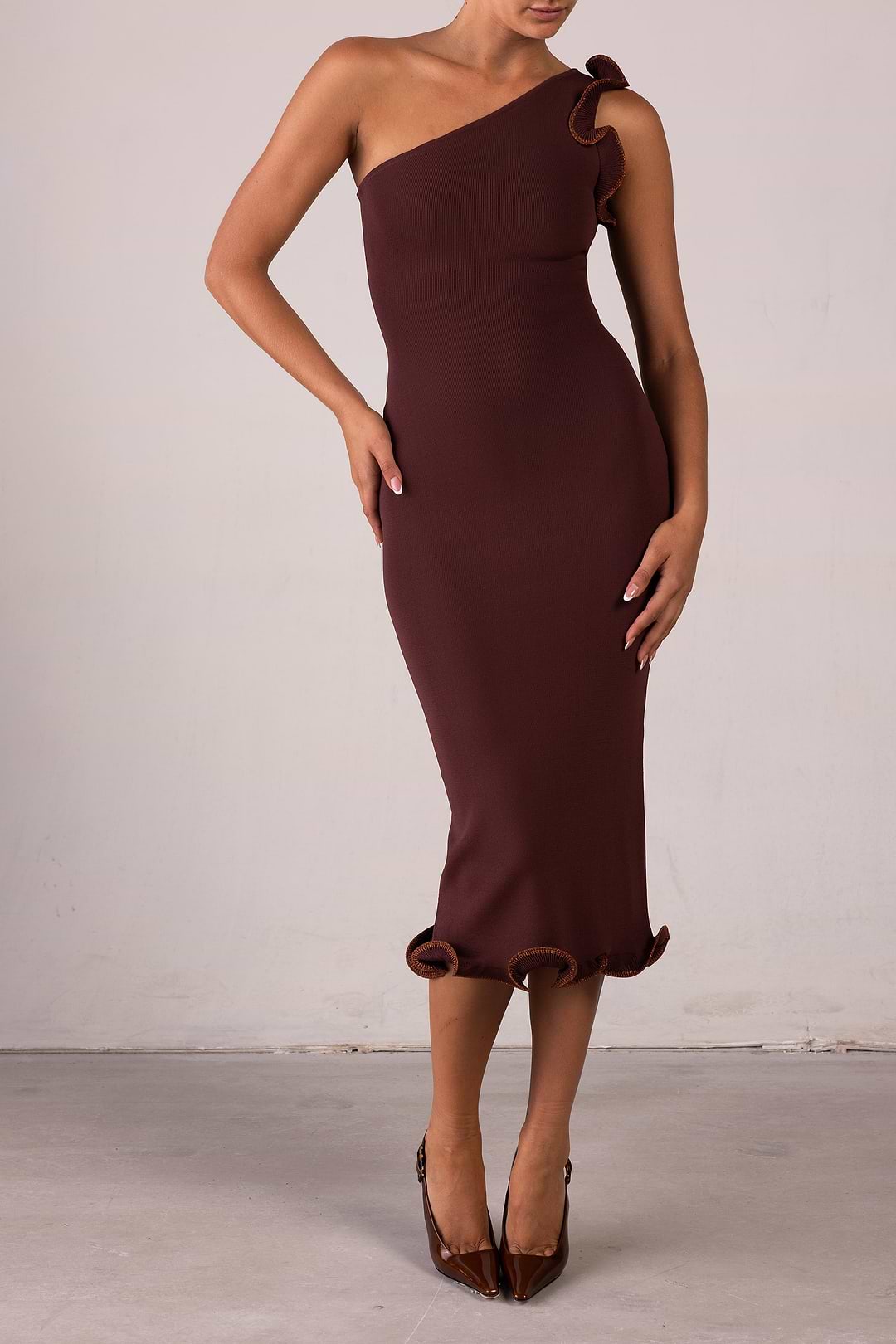 SAME Ruffle Hem One Shoulder Dress | Chocolate Brown/Brown Lurex | Women's Knit Dress L / Chocolate Brown/Brown Lurex SAME Ruffle Hem One Shoulder Dress | Chocolate Brown/Brown Lurex | Women's Knit Dress L / Chocolate Brown/Brown Lurex