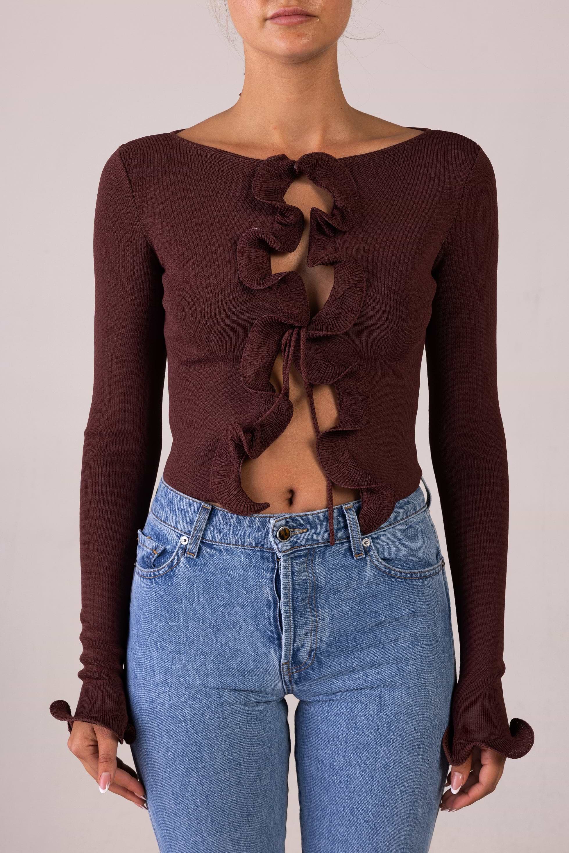 トップス Bell frill knit tops brown ANDMARY】Bell frill knit tops
