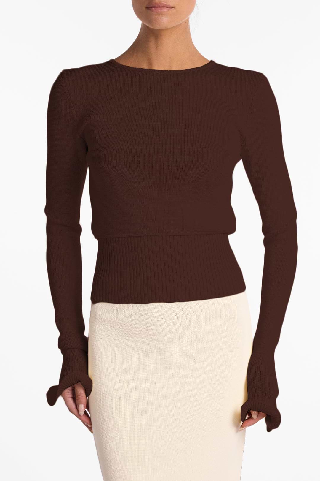 SAME Ruffle Hem Sweater | Chocolate Brown | Women's Knit Top