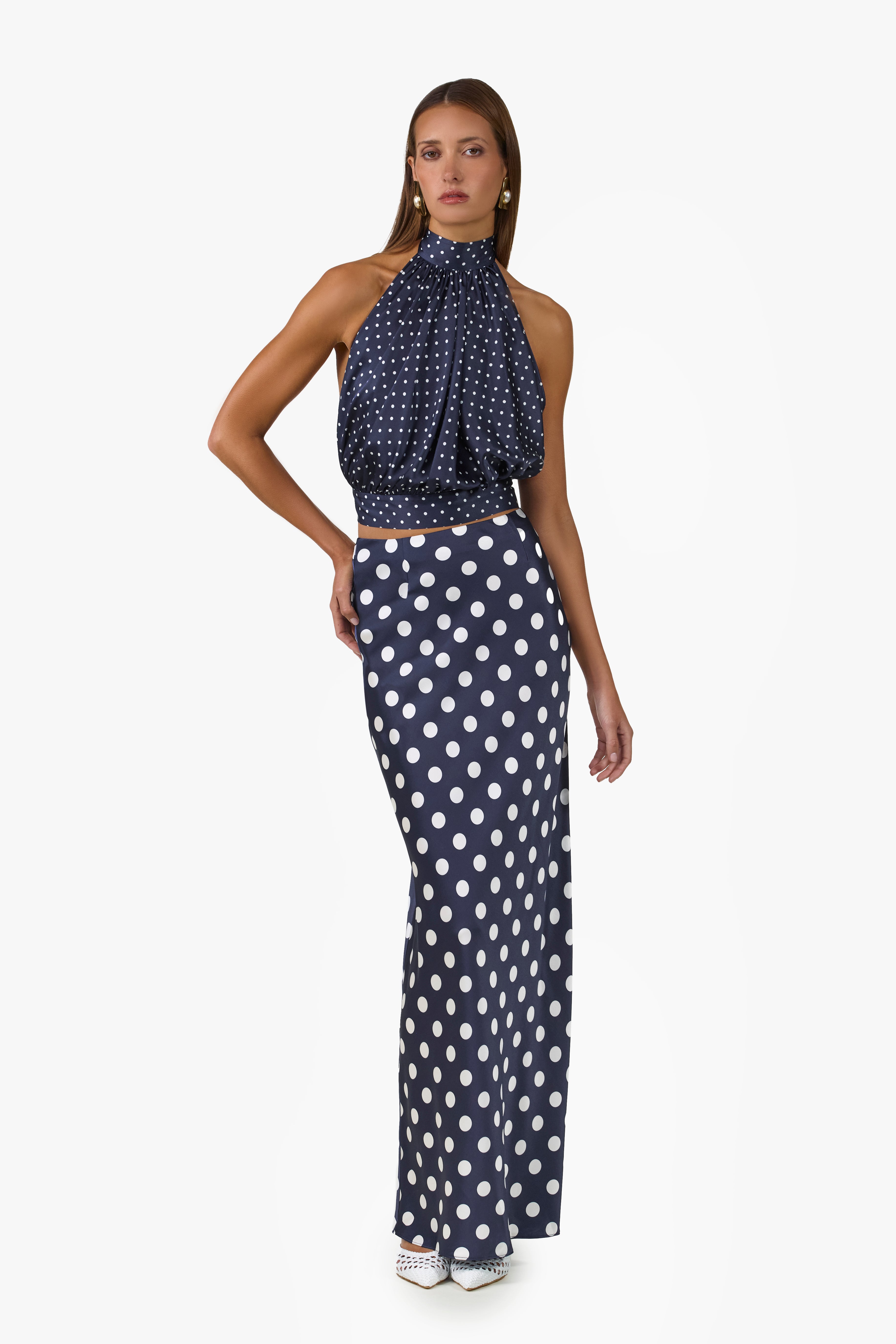 Silk Halter Top (Navy White Polka Dot)