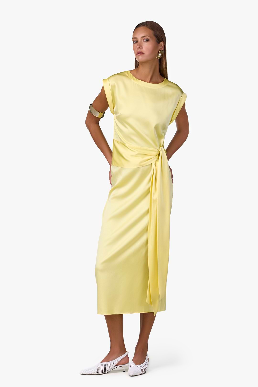butter yellow satin midi dress Bernice Satin Twill Butter Yellow Midi Slip Dress Mellow Yellow
