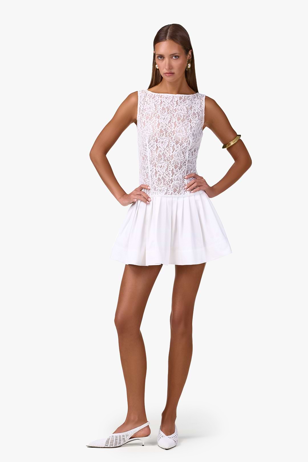 Lace Poplin Mini Dress (White) Lace Poplin Mini Dress (White)