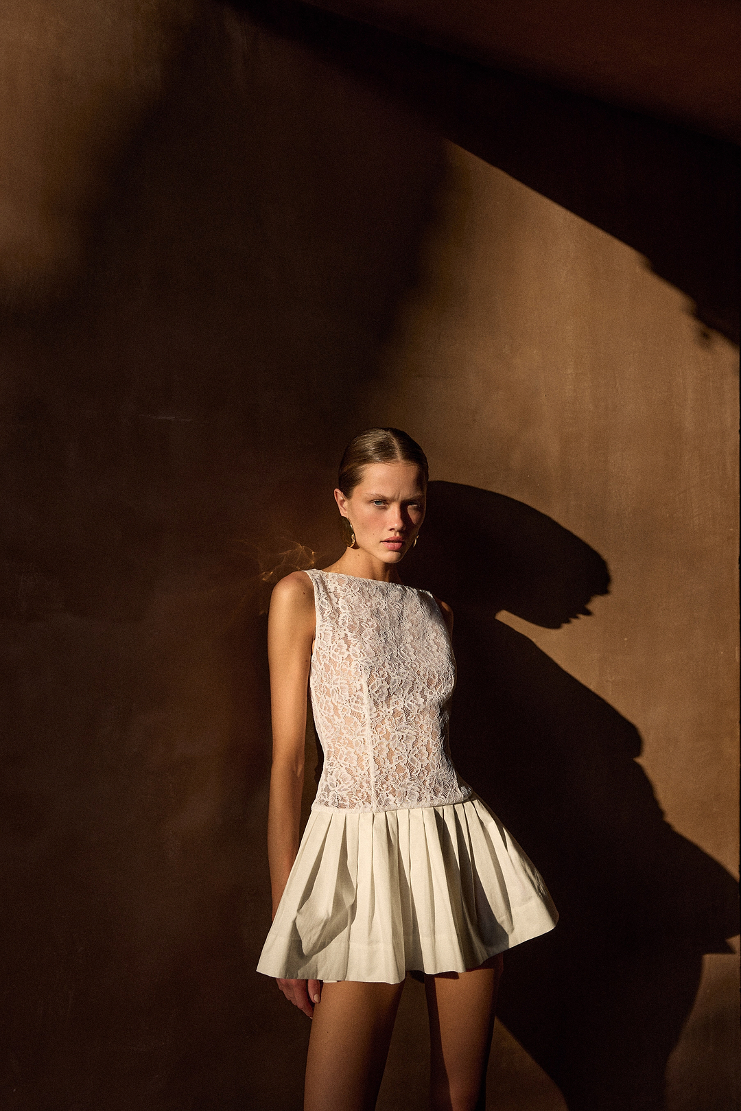 Lace Poplin Mini Dress (White)