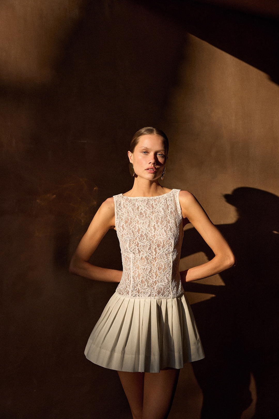 Lace Poplin Mini Dress (White)