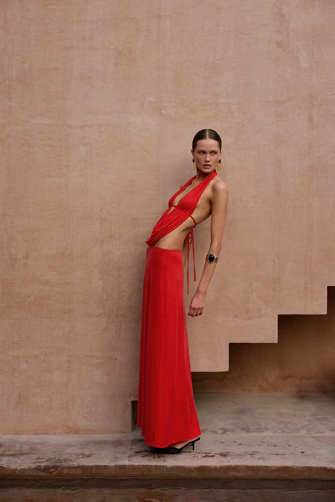 red plunge neck maxi dress Long Sleeve Plunge V Neck Draped Maxi Dress Red