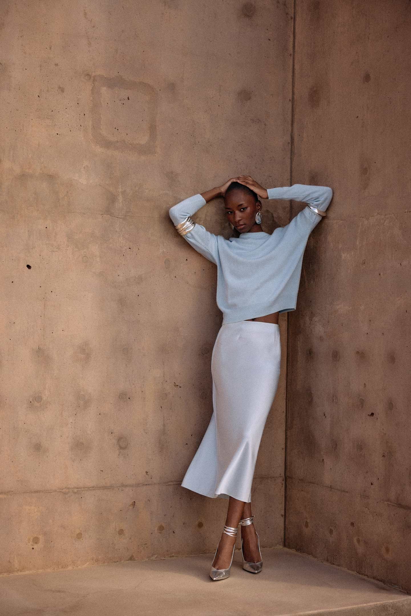 Silk Midi Skirt (Pale Blue)