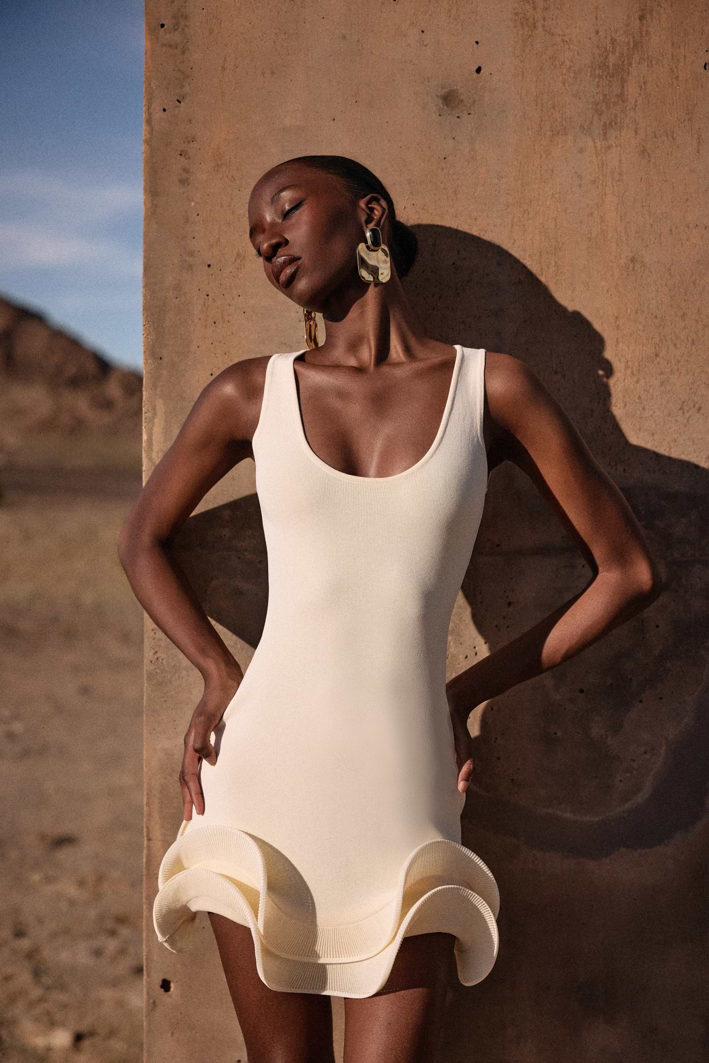 Double Ruffle Hem Mini Dress (Cream)